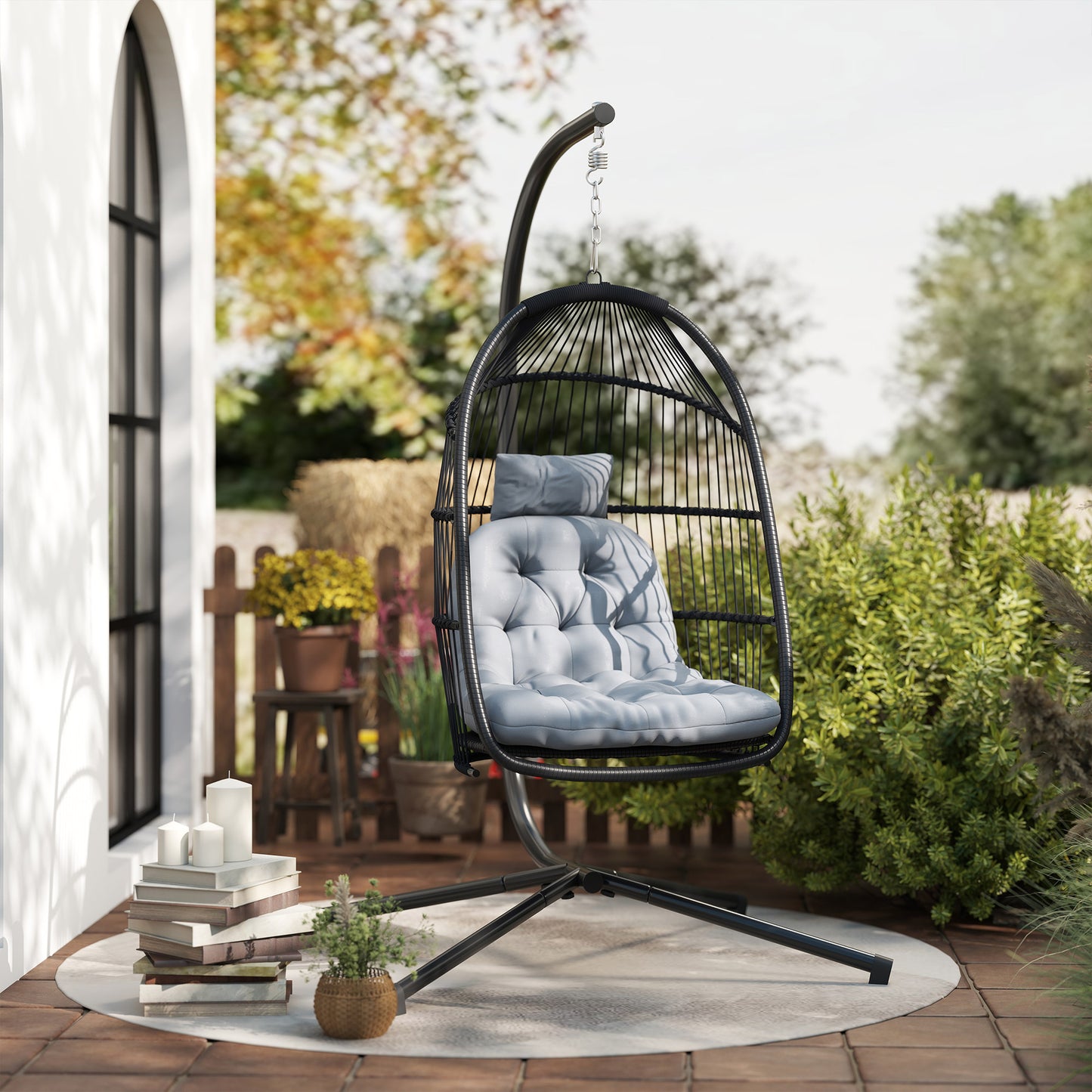 Wicker Egg Swing Chair with Stand, Foldable Hanging Egg Chair with UV Resistant Cushion, Headrest, Dark Grey Kids Crystal