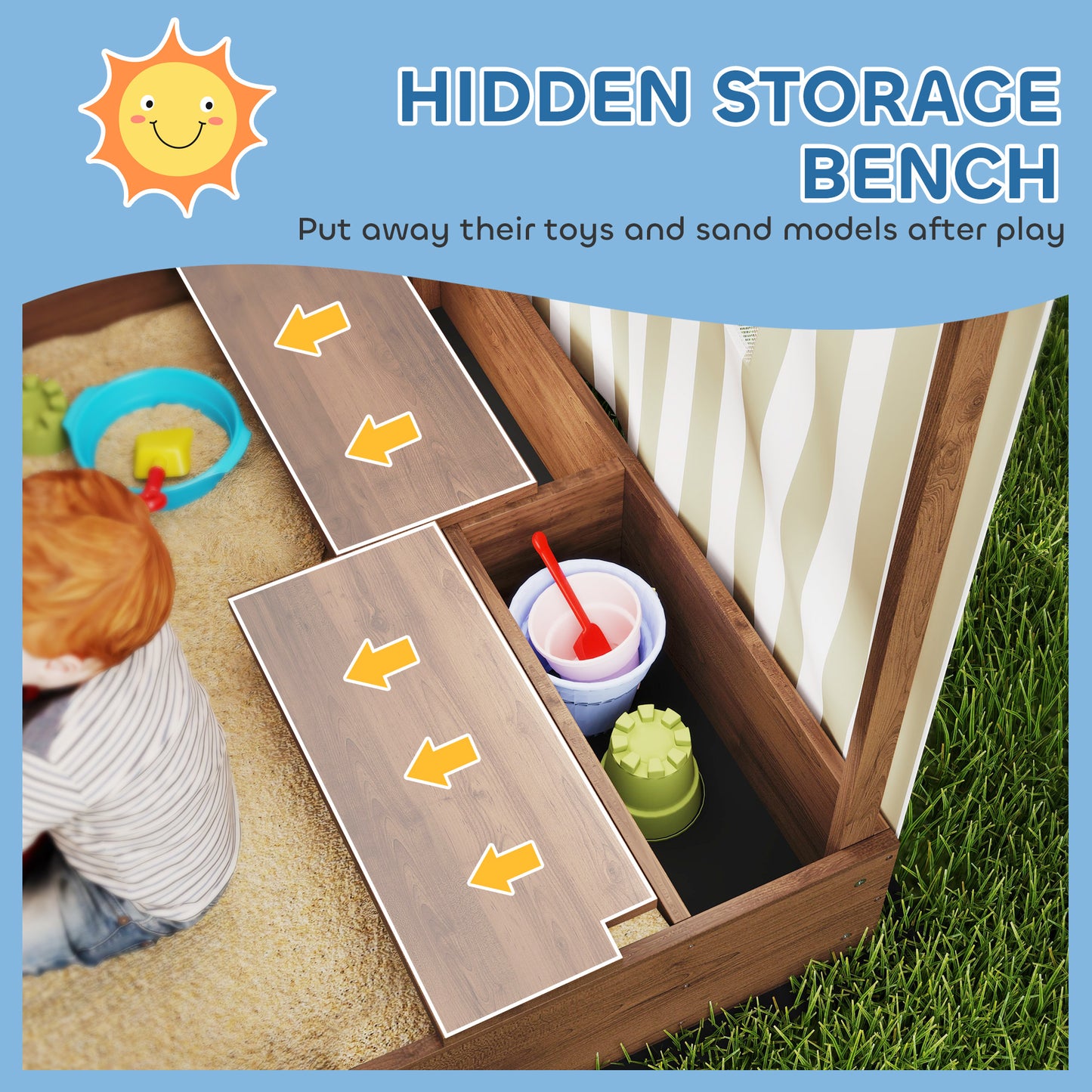Kids Sandbox with Full Covered Canopy, Bench Seats, Bottom Liner, for Ages 3-6, 56" x 40" x 52" Brown Kids Crystal