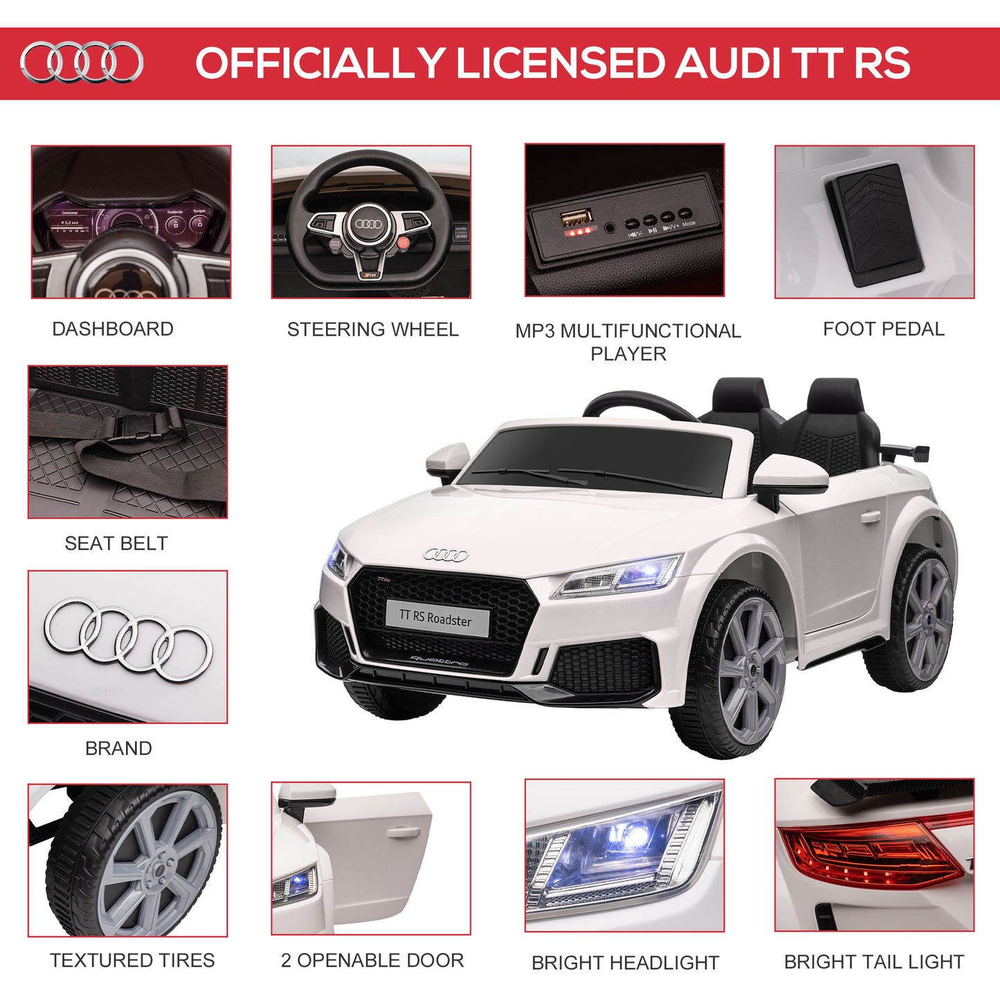 Licensed Ride-On Car: 6V Electric, Kids, Remote Control, Battery Powered, White Kids Crystal