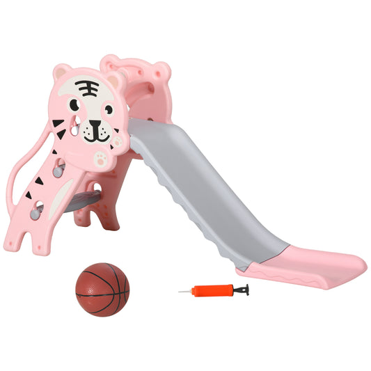 2 in 1 Slide for Toddlers, Kids Slide Playset with Basketball Hoop for 18-36 Months, Pink Kids Crystal