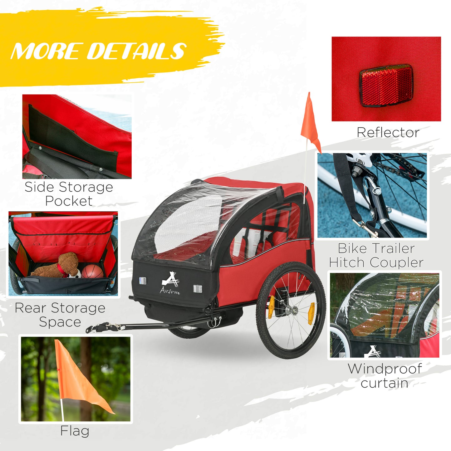 2 Seat Bike Trailer for Kids, Baby Stroller with Storage Bag, 5 Point Harness, Bicycle Trailer with 20" Wheels, Red