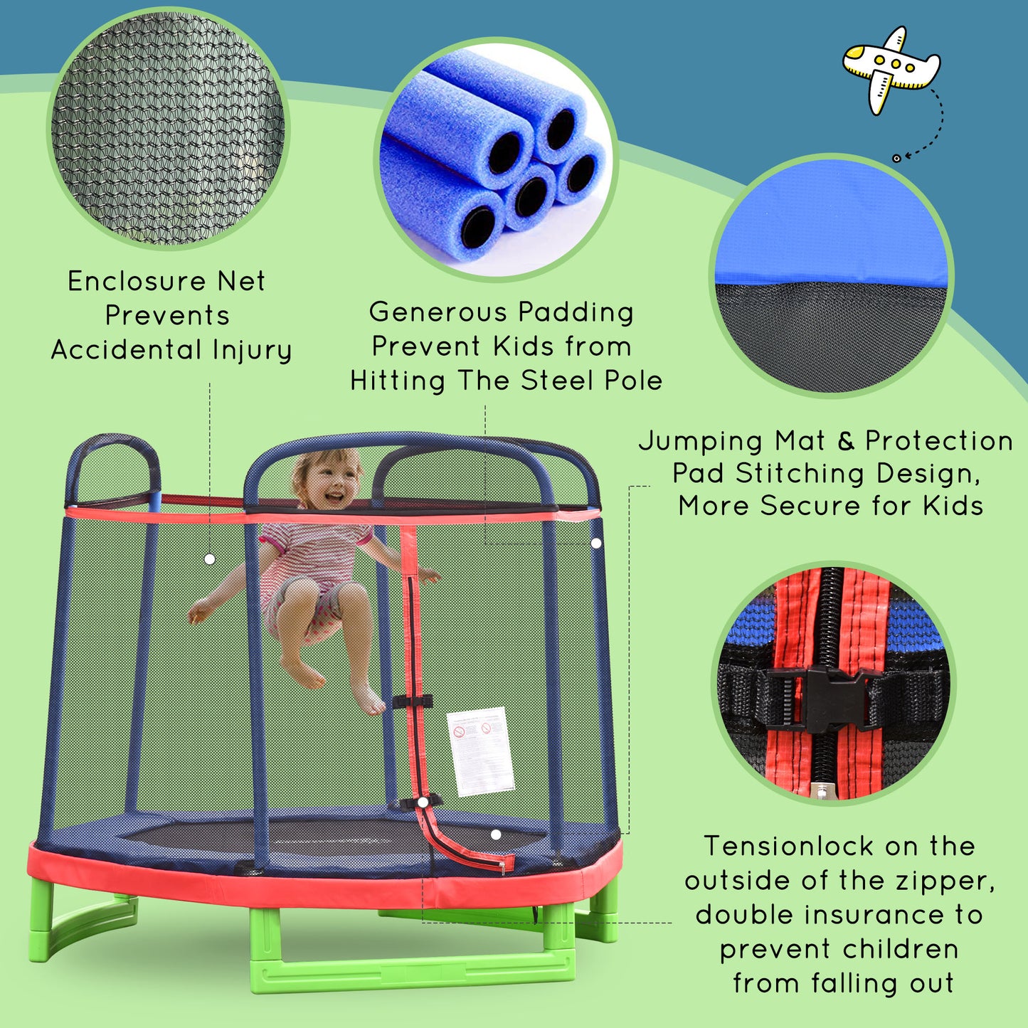 7 FT Kids Trampoline with Safety Enclosure and Padded Cover, Indoor/Outdoor Use - Red Kids Crystal