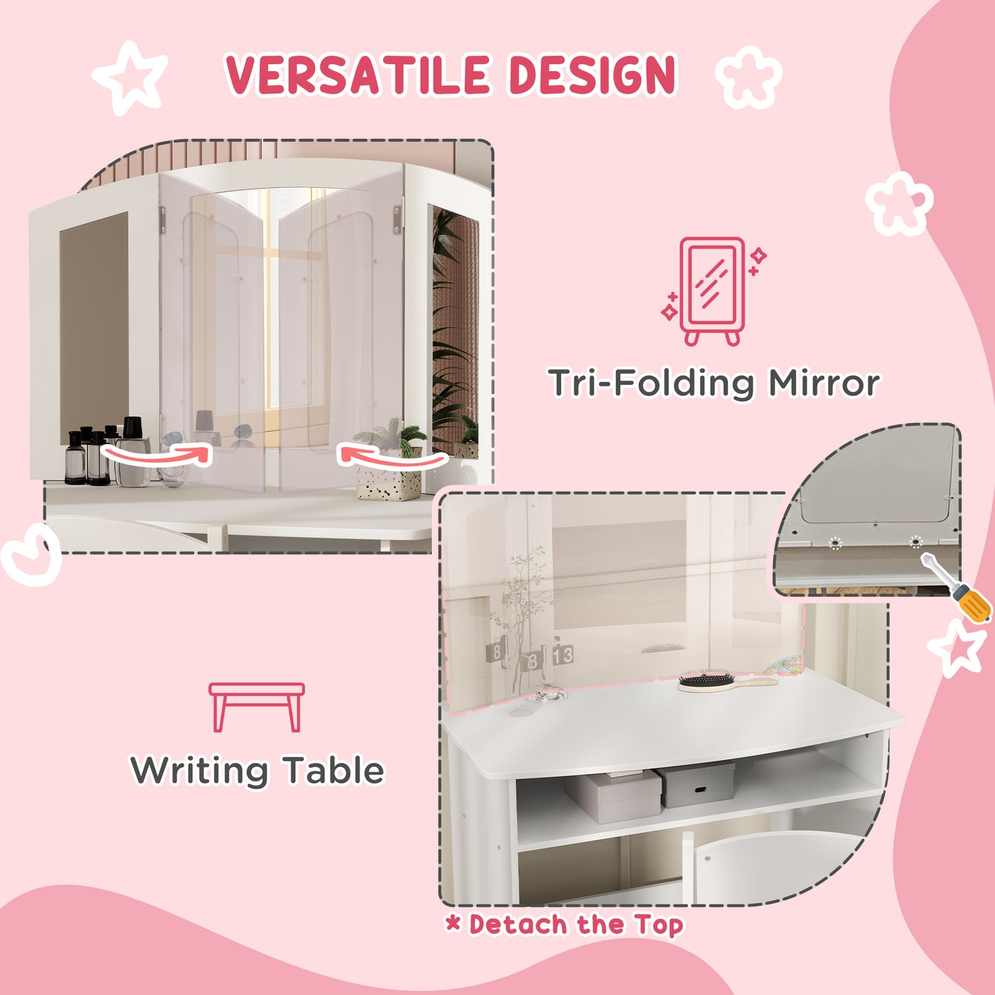 2 in 1 Kids Vanity Set Makeup Dressing Table Pretend Play Set with Tri-Folding Mirror, Stool, Storage Shelf Kids Crystal