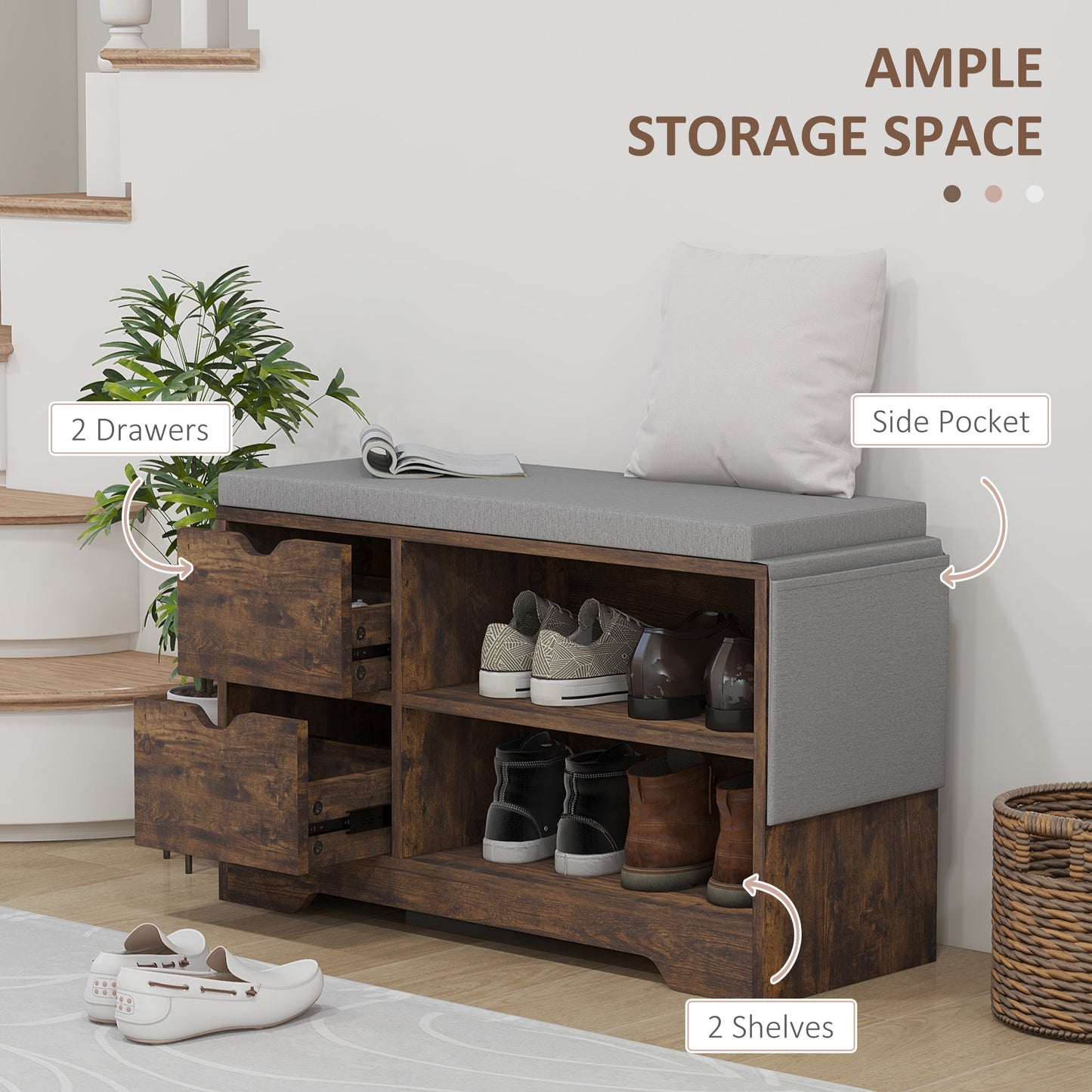 Upholstered Shoe Storage Bench w/ Seat, Entrance Bench w/ Drawer Open Shelves and Pocket for Hallway, Rustic Brown Kids Crystal