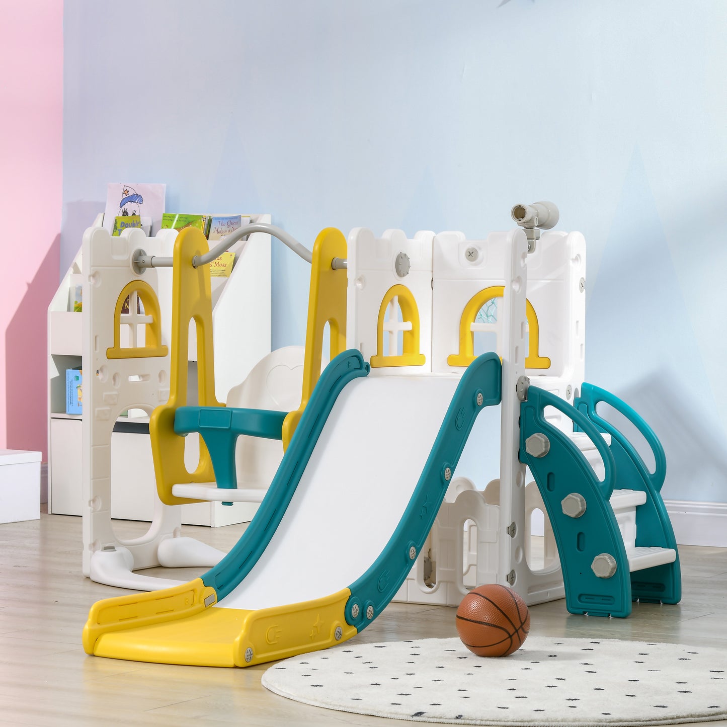 6-in-1 Slide and Swing Set Baby Swing Playset Indoor with Basketball Hoop, Climber, Storage Space, Telescope, Yellow Kids Crystal