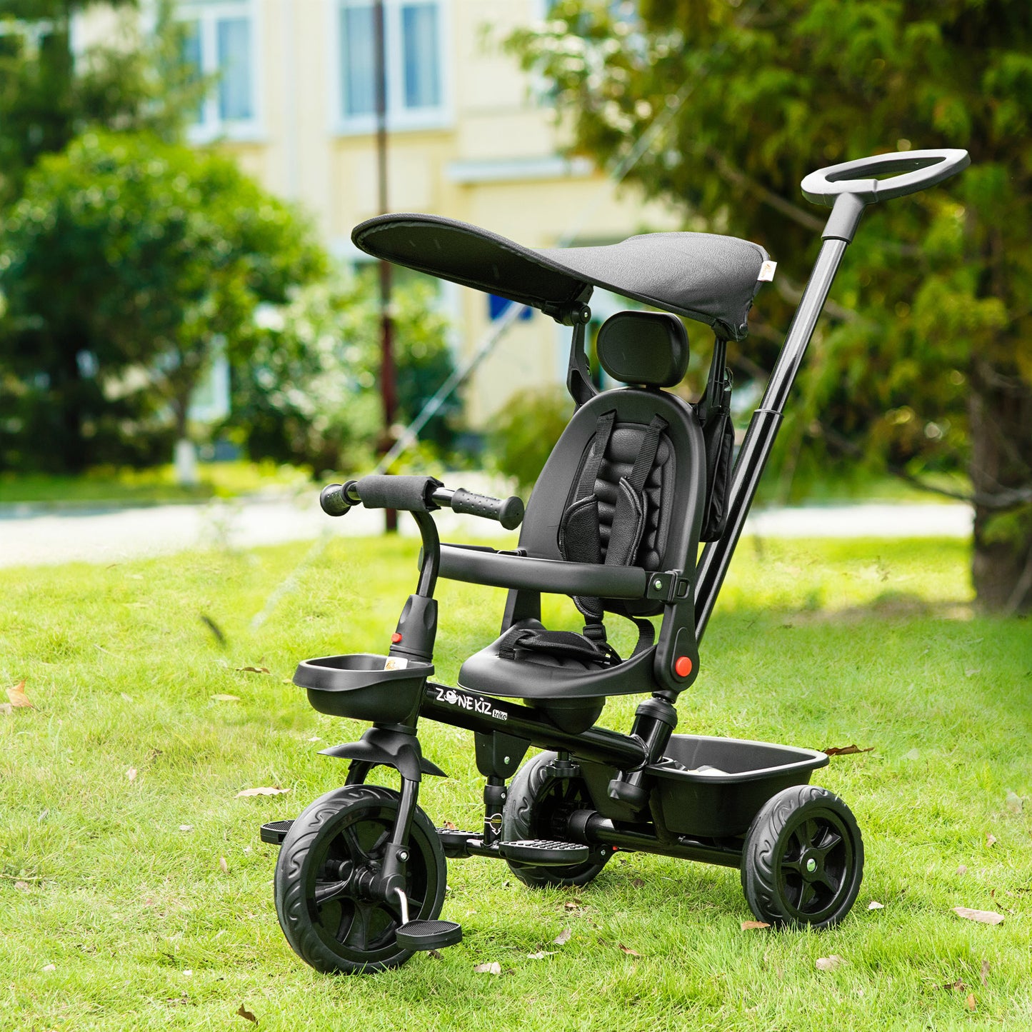 4-in-1 Baby Tricycle Stroller with Reversible Seat, Adjustable Handle, Canopy, Safety Belt, Storage - Black Kids Crystal