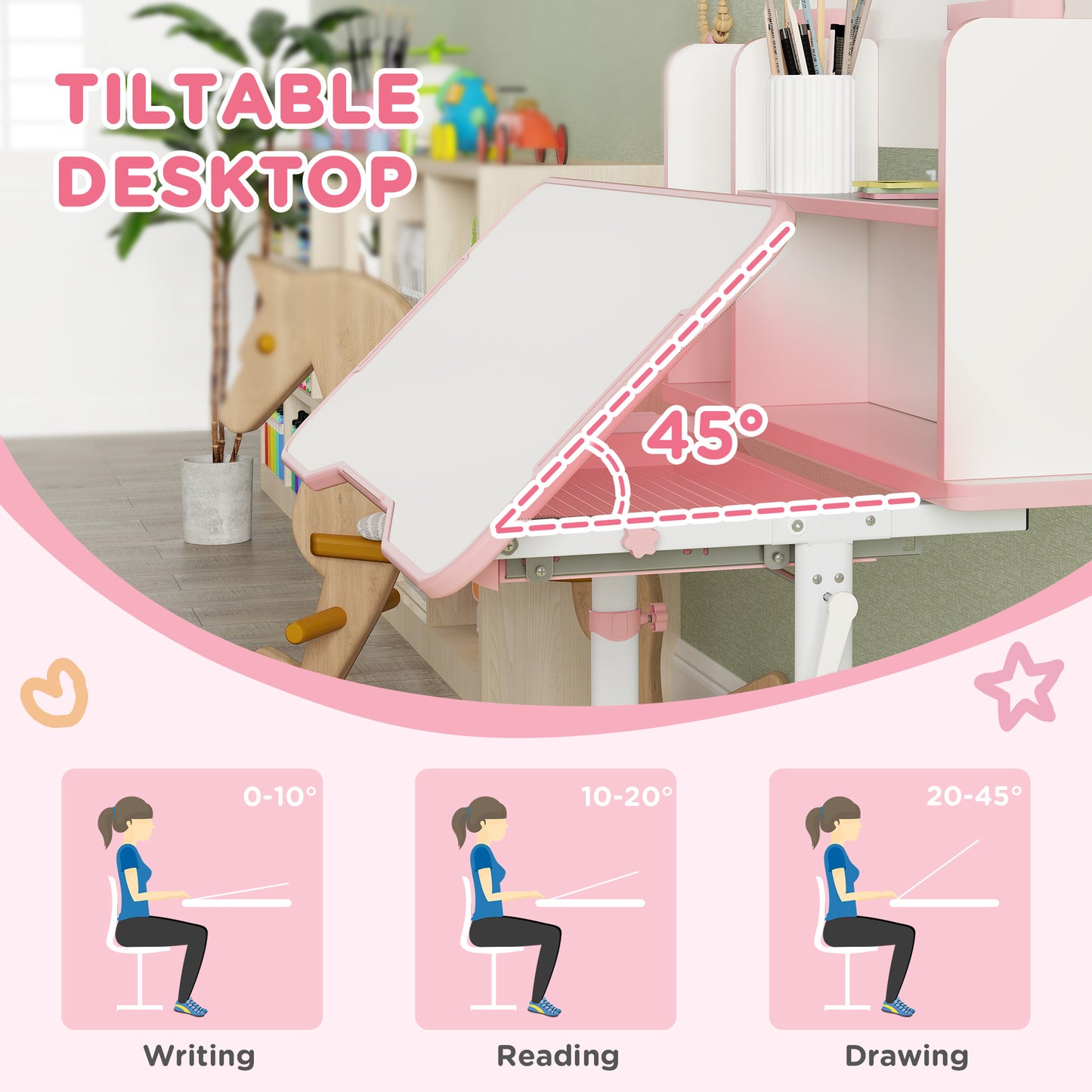 Adjustable Height Kids Desk and Chair Set, Kids Study Table and Chair with Tilt Desktop, Drawer, Reading Rack, Pink Kids Crystal