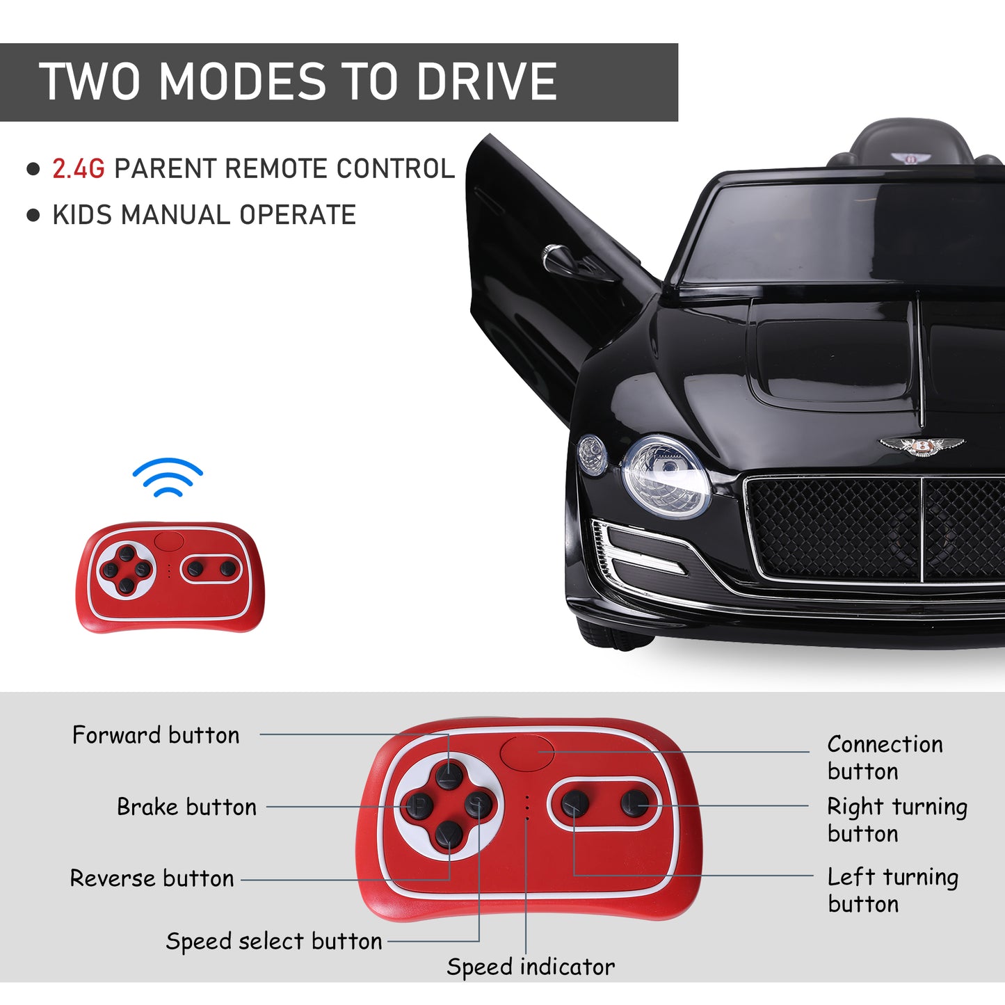 Licensed Bentley Ride-On Car: 12V, Electric, Battery Powered, Remote Control, 2 Speed, Black Kids Crystal