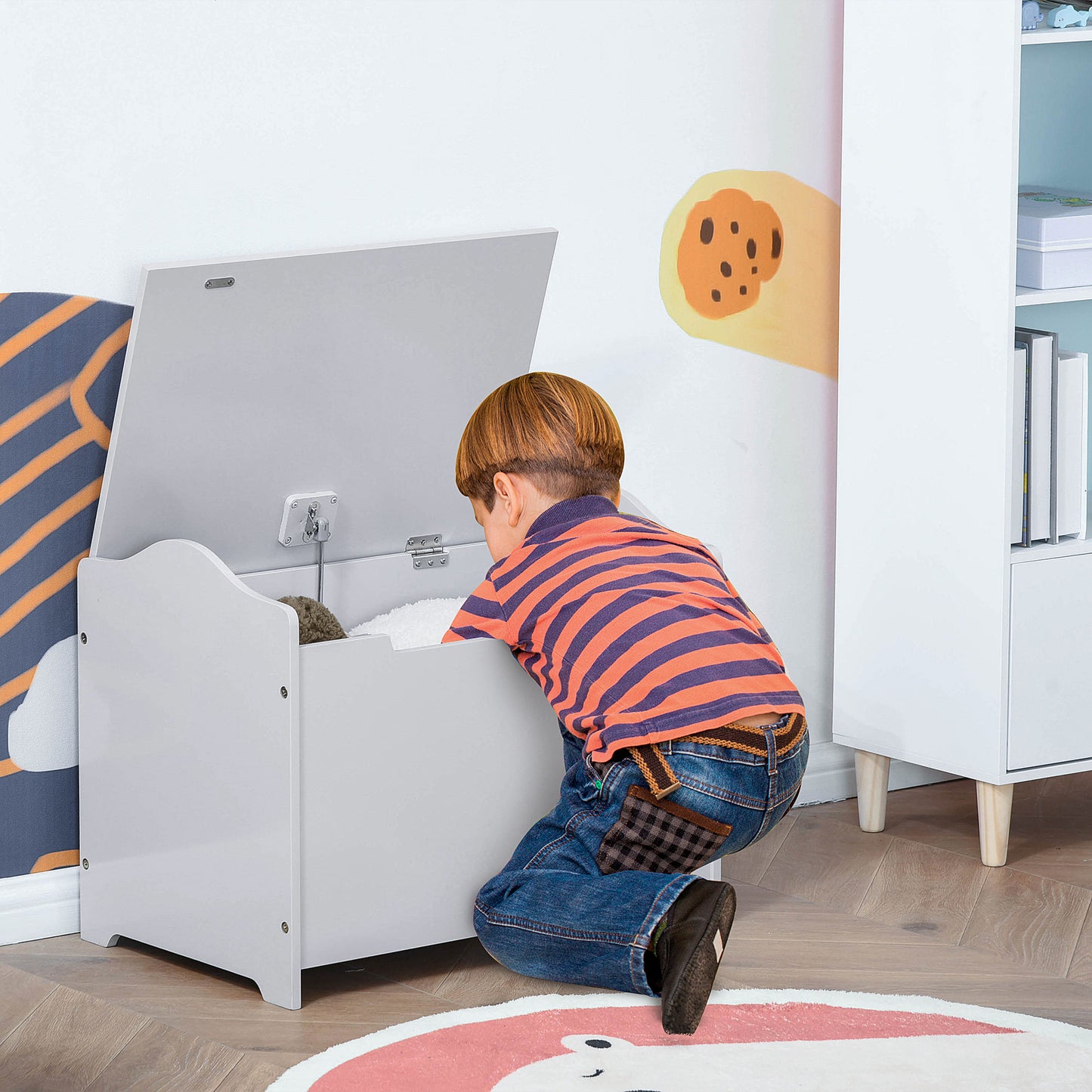 Large Wooden Toy Storage Box Organizer with Magnetic Hinge for Kids Playroom Chest with Groove Handle Grey Kids Crystal