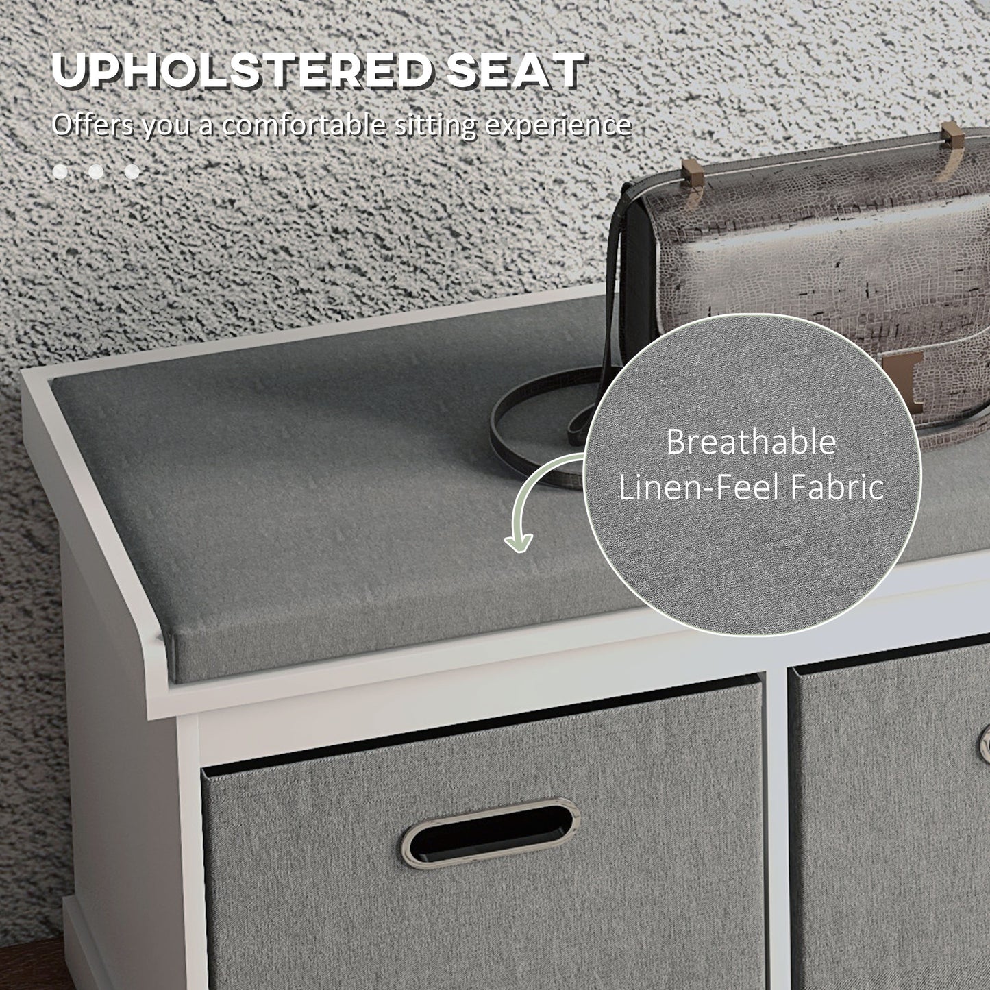 Shoe Storage Entryway Bench Seat with Cushion 2 Fabric Drawers for Hallway White Kids Crystal
