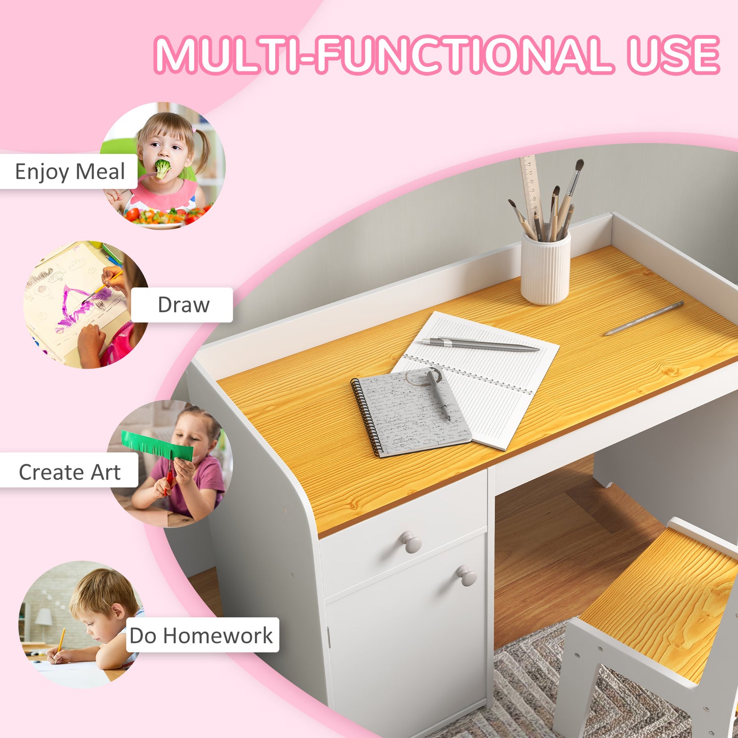 Kids Desk and Chair Set for 3-6 Year Old with Storage Drawer Study Table and Chair for Children White Kids Crystal