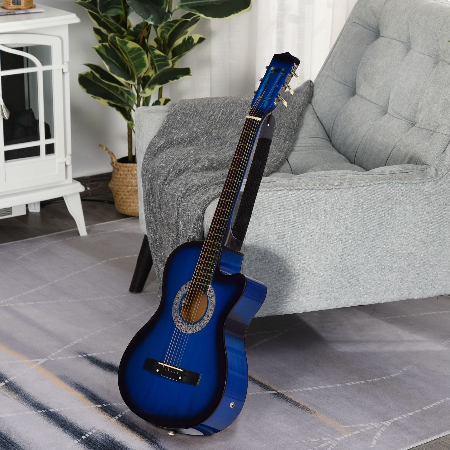Full Size 38'' Classical Acoustic Electric Guitar Set Premium Gloss Finish Strings Picks Strap Case Blue Kids Crystal