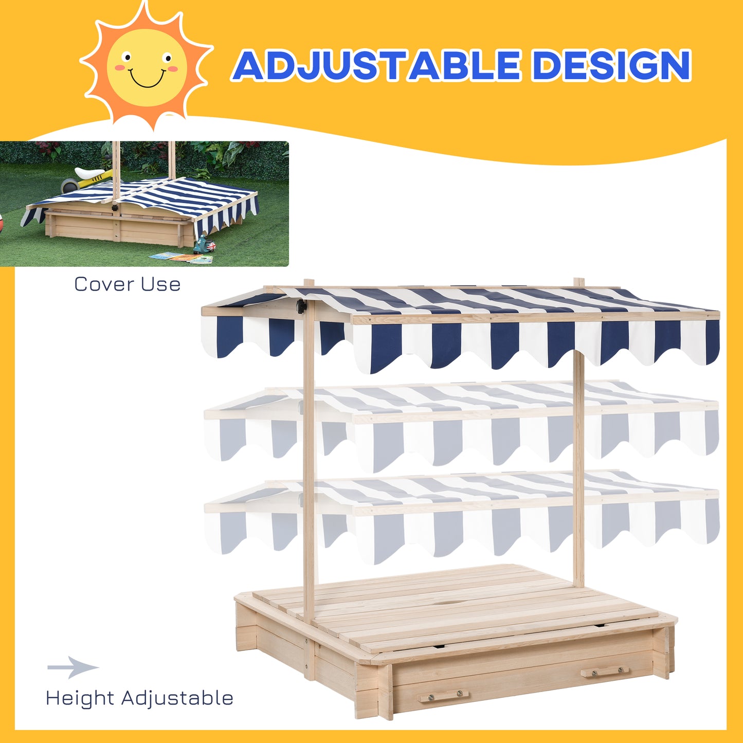 Wooden Sandbox for Kids with Adjustable Canopy and Convertible Bench, Outdoor Playset - Sand Kids Crystal