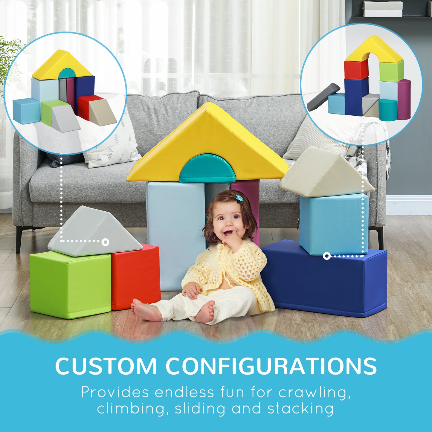 11 Piece Soft Play Blocks Kids Climb and Crawl Gym Toy Foam Building Light Colour