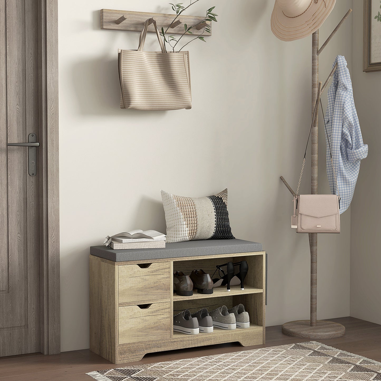 Upholstered Shoe Storage Bench w/ Seat, Entrance Bench w/ Drawer Open Shelves and Pocket for Hallway, Grey Kids Crystal