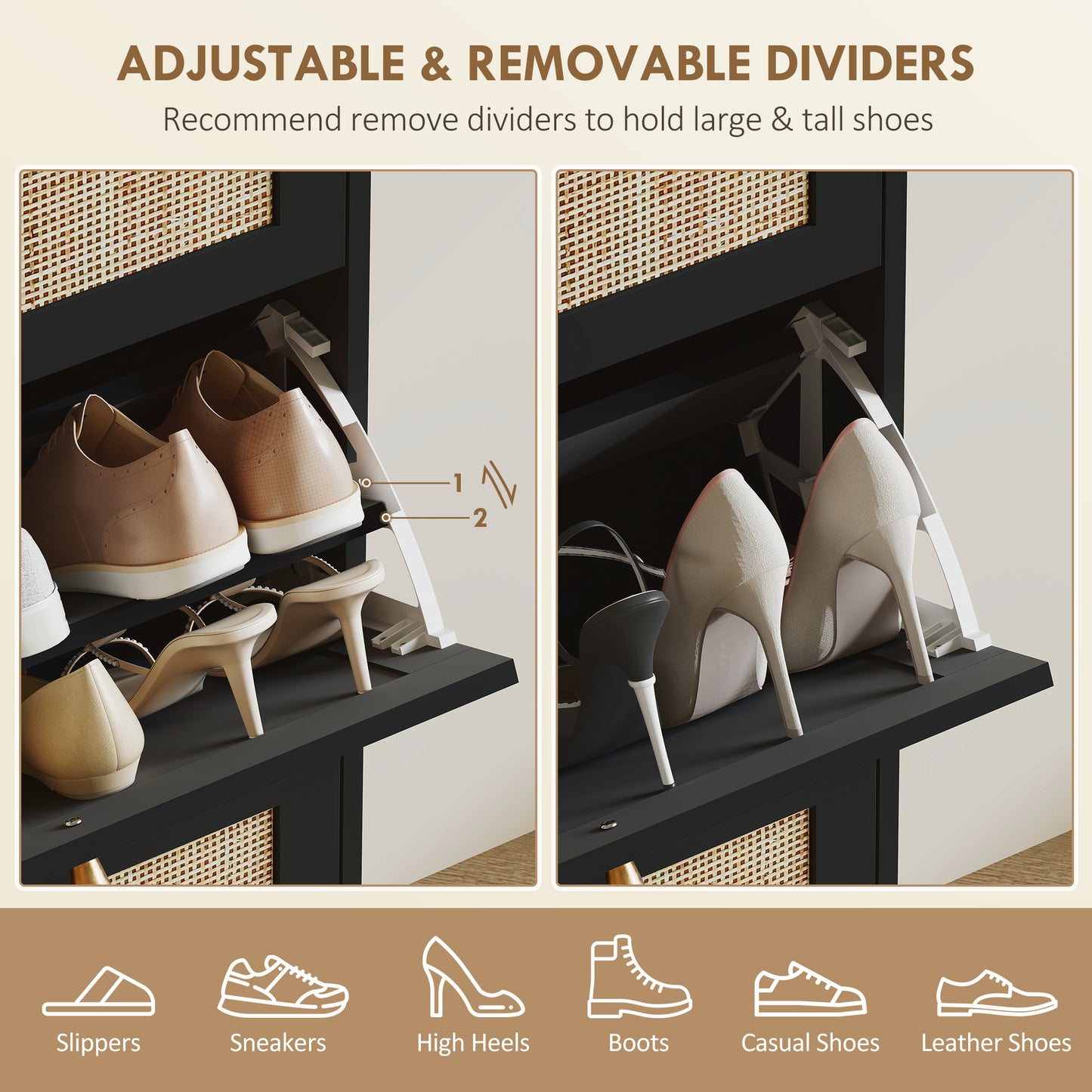 Rattan Shoe Cabinet: 3 Flip Drawers, Adjustable Shelves for 18 Pairs, Entryway/Hallway Organizer Kids Crystal