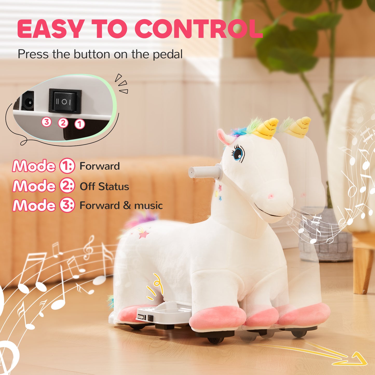 6V Ride on Unicorn, Battery Powered Kids Riding Pony with Music Forward, Aged 18-36 Months, White Kids Crystal
