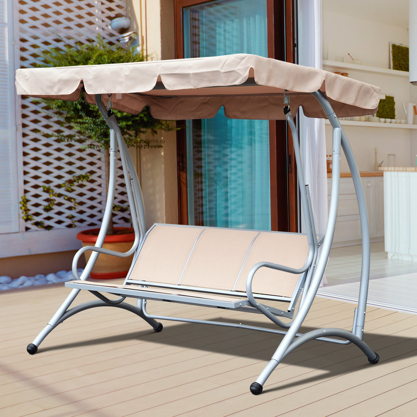3 Person Patio Swing Seats with Adjustable Canopy Outdoor Swing Chair Bench for Garden, Poolside, Beige Kids Crystal
