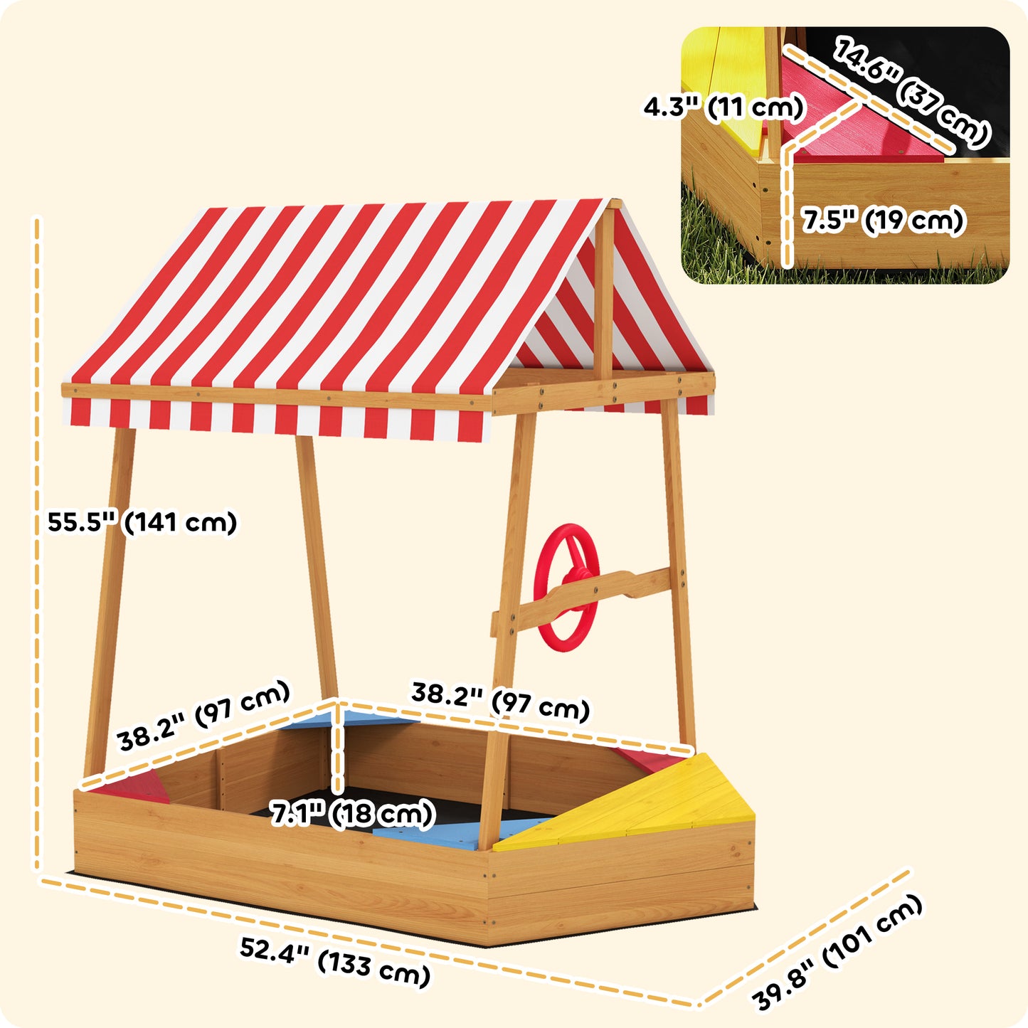 Wooden Kids Sandbox with Cover, 4 Seats, Rudder, Deck, Bottom Liner, 52" x 40" x 55.5" for Ages 3-8, Yellow Kids Crystal
