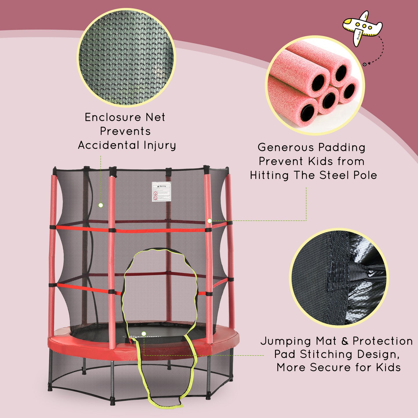 55" Kids Trampoline with Enclosure Net for Indoor/Outdoor, Trampoline for Boys and Girls Age 3-6 Years, Red Kids Crystal