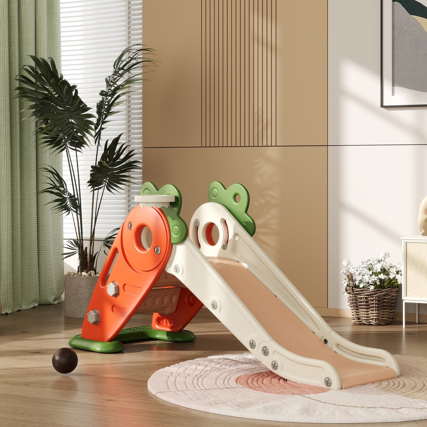 3 in 1 Foldable Toddler Slide with Basketball Hoop, Climber, for 1-3 Years Old, Orange Kids Crystal