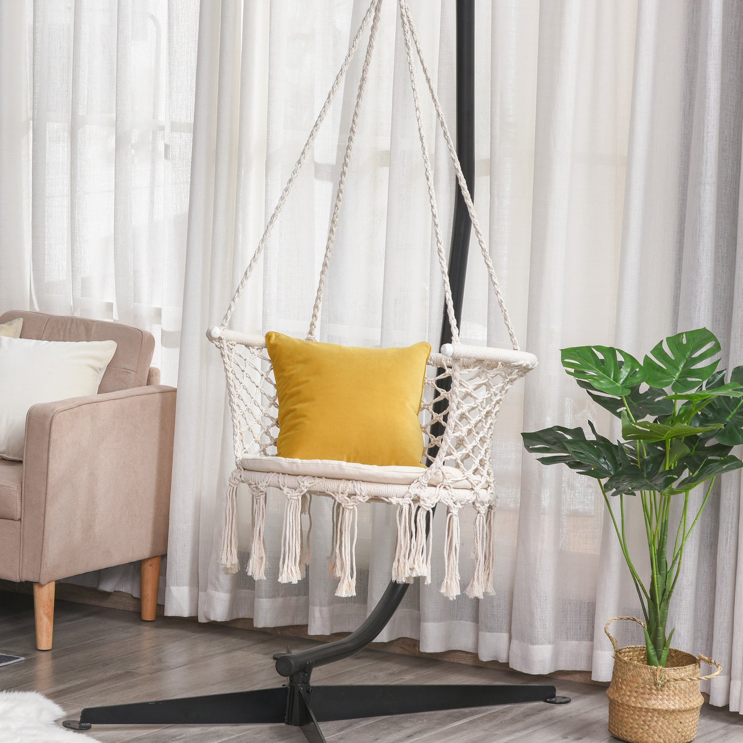 Cotton Rope Hanging Hammock Chair Swing with Cushion Metal Frame for Patio Garden Cream White Kids Crystal