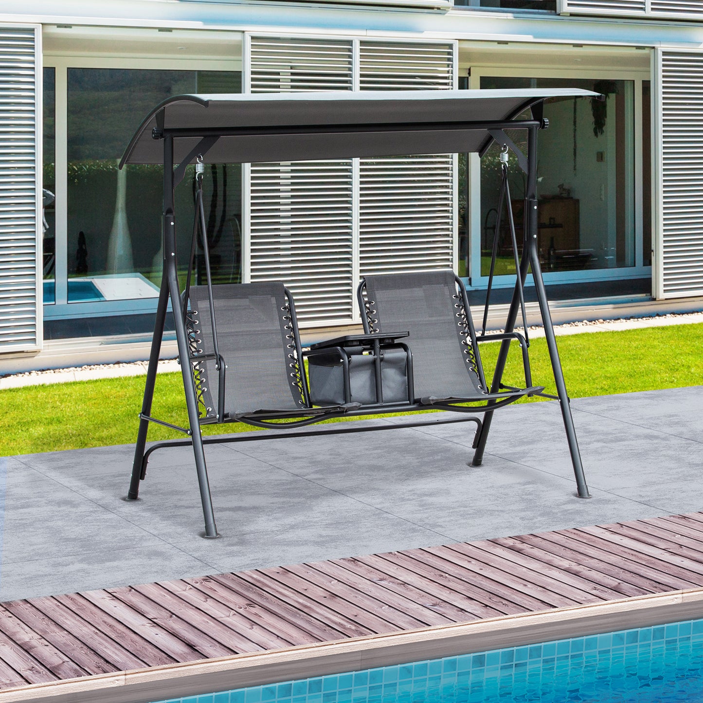2-Person Patio Swing Chair Covered Porch Swing with Pivot Storage Table, Cup Holder, & Adjustable Overhead Canopy, Grey Kids Crystal