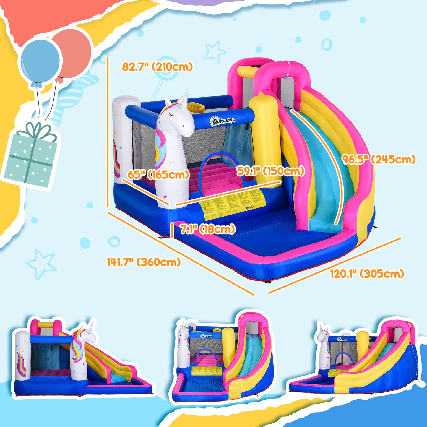 Bouncy Castle with Water Slide Inflatable Trampoline Pool for Kids 5 in 1 Climbing Wall Bounce House with Blower