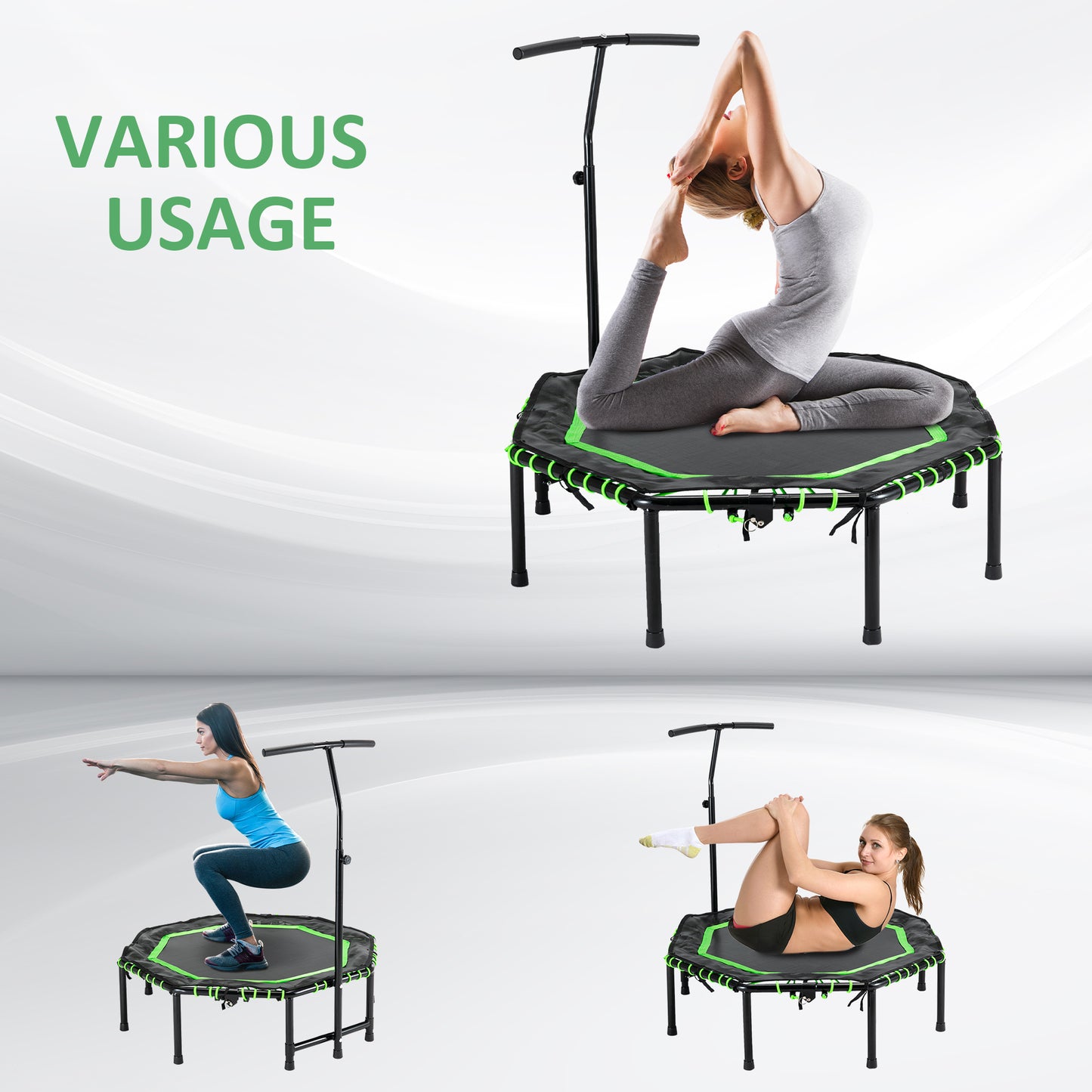 Foldable Mini Trampoline with Adjustable Handle Bar 48" for Adult Fitness Workout Green Kids Crystal