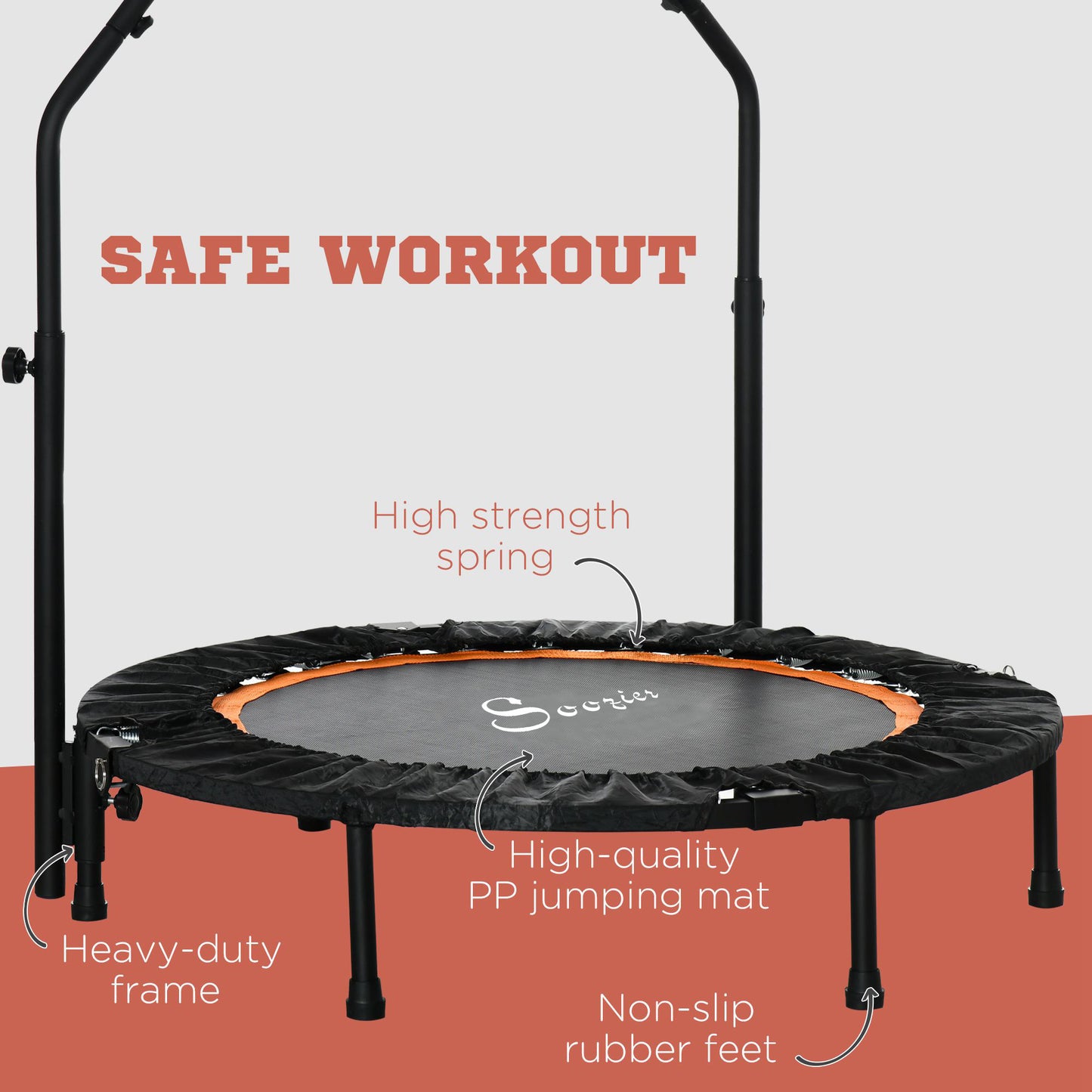 40" Foldable Mini Fitness Trampoline, with Adjustable Foam Handle, Orange Kids Crystal