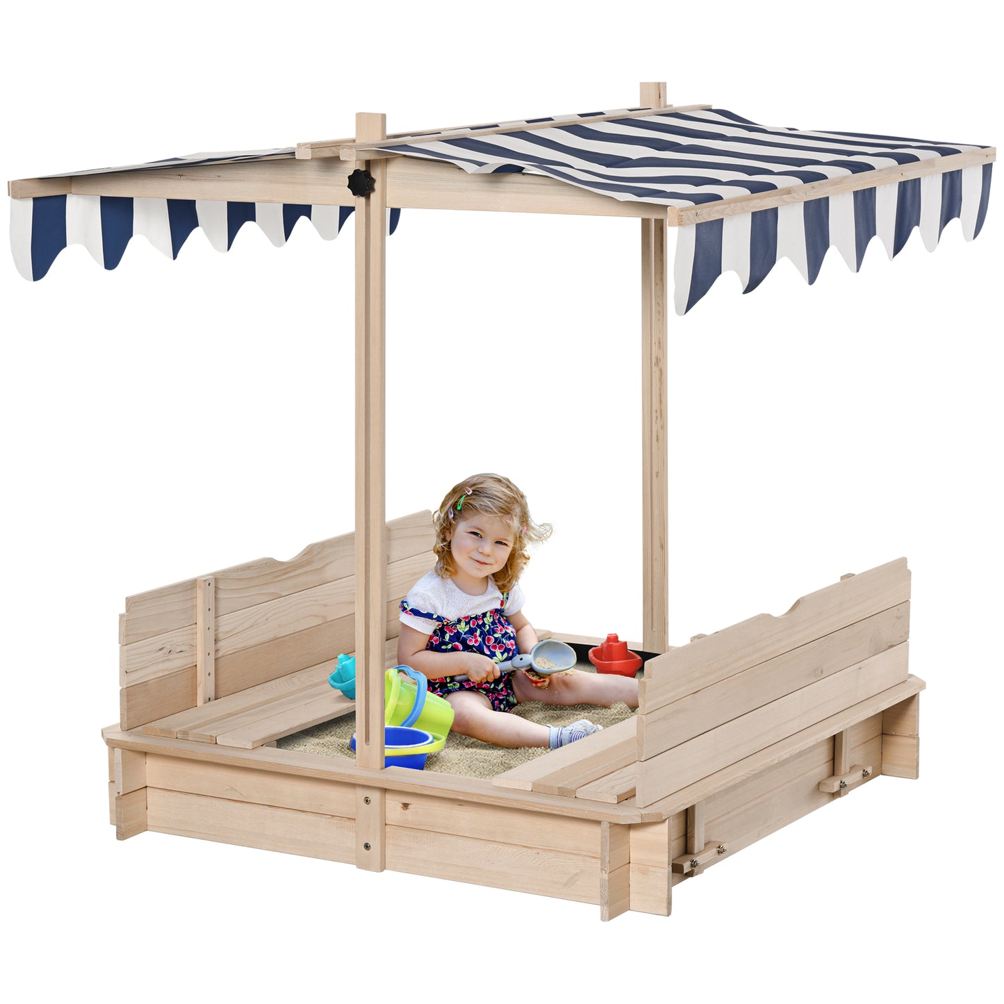 Wooden Sandbox for Kids with Adjustable Canopy and Convertible Bench, Outdoor Playset - Sand Kids Crystal