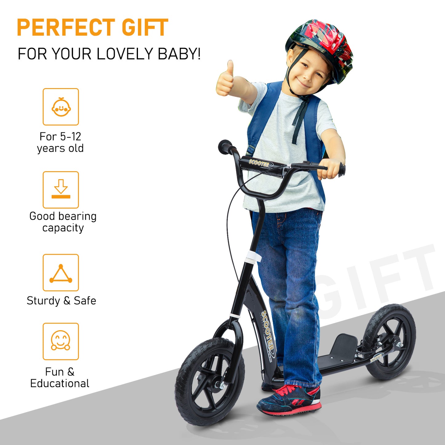 Street Cruiser: Kids Scooter Street Bike with 12" Tire for Ages 5+, Ride-On Toy, Black Finish Kids Crystal