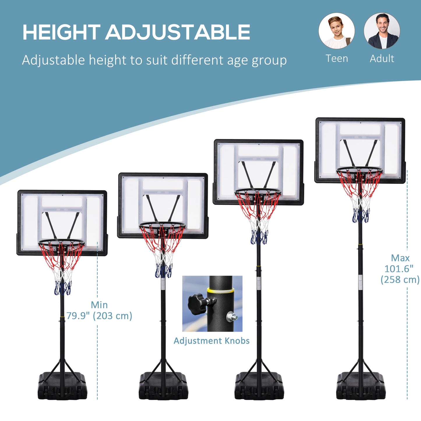 61"- 82.75" H Basketball Stand and Hoop Backboard Adjustable w/ Wheels For Kids Youth Outdoor Kids Crystal