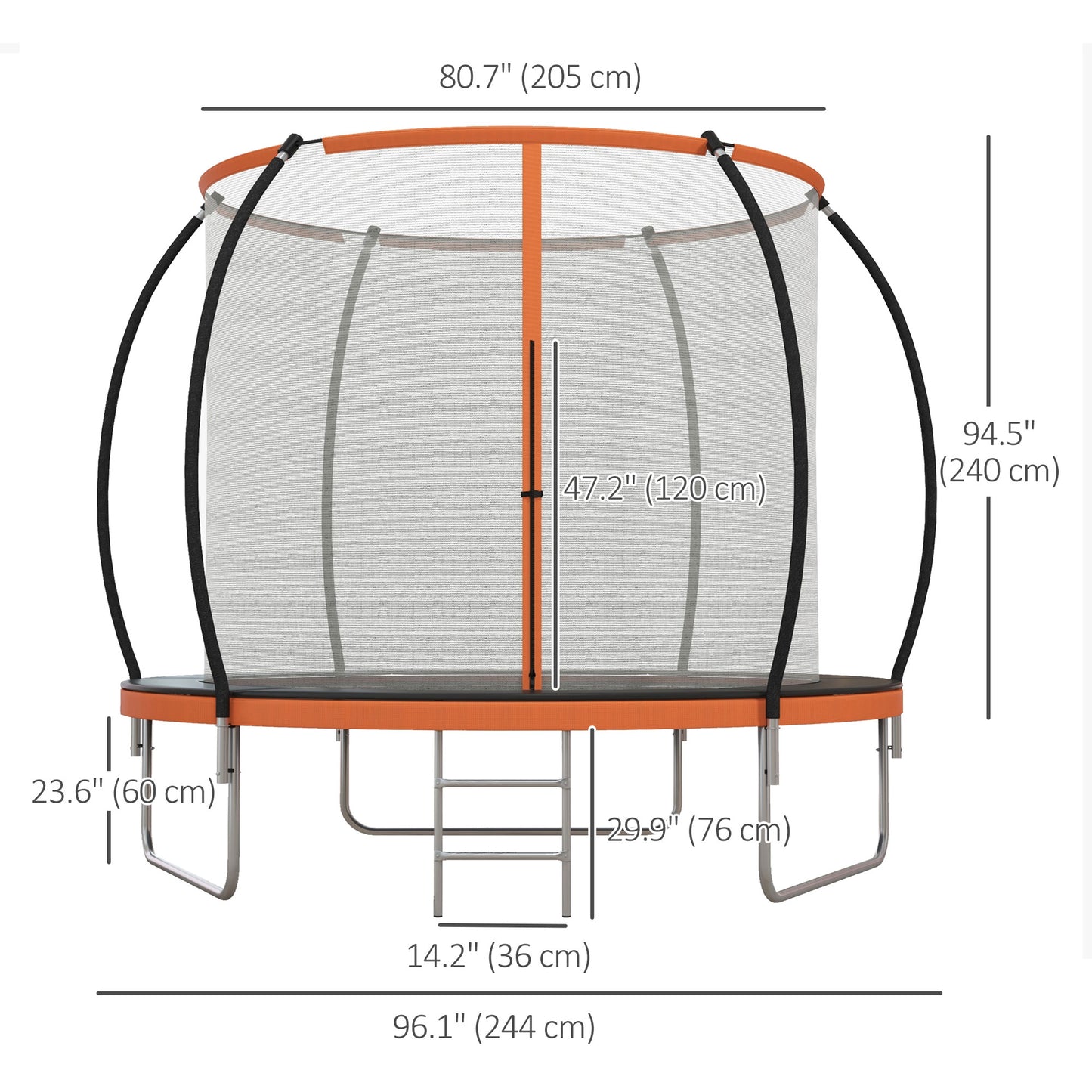 8ft Outdoor Trampoline with Enclosure Net and Ladder, Backyard Fitness Trampoline for Teens and Adults Kids Crystal