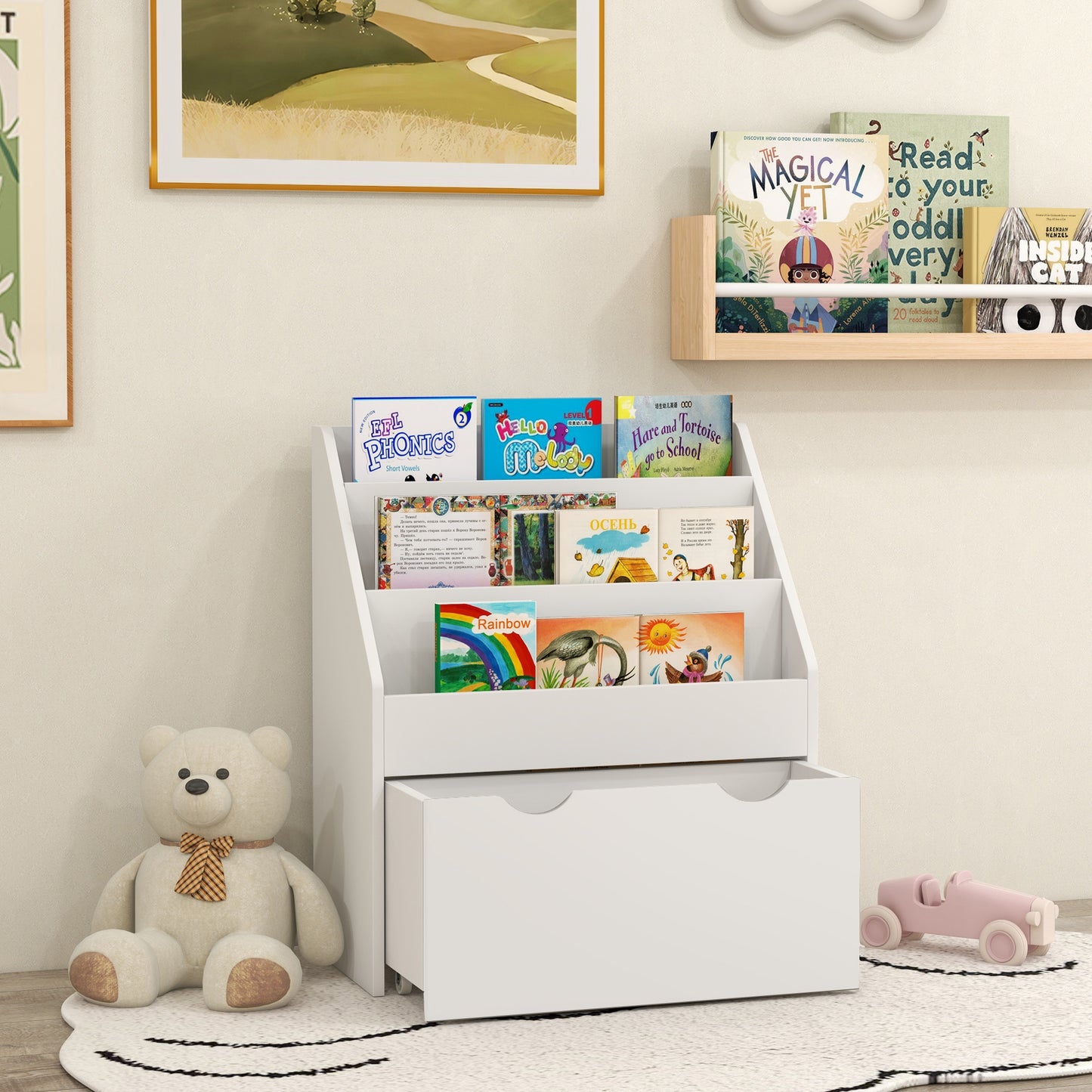 Kids Bookshelf with 3 Tier Display Shelves, Drawer for Nursery, White Kids Crystal