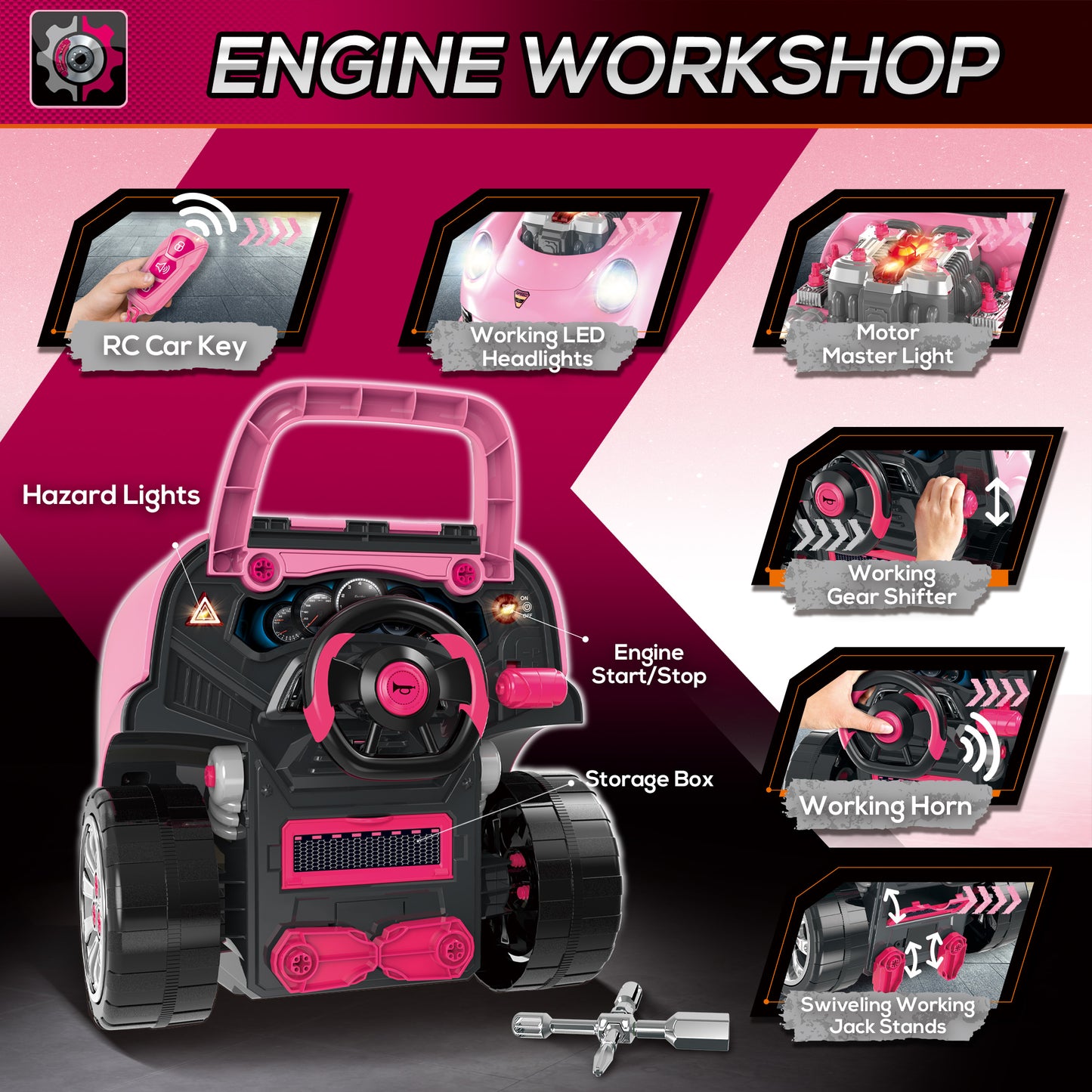 Kids Mechanic Truck Engine Repair Toy Set Car Service Pink Playset with Tools for Pretend Play Kids Crystal