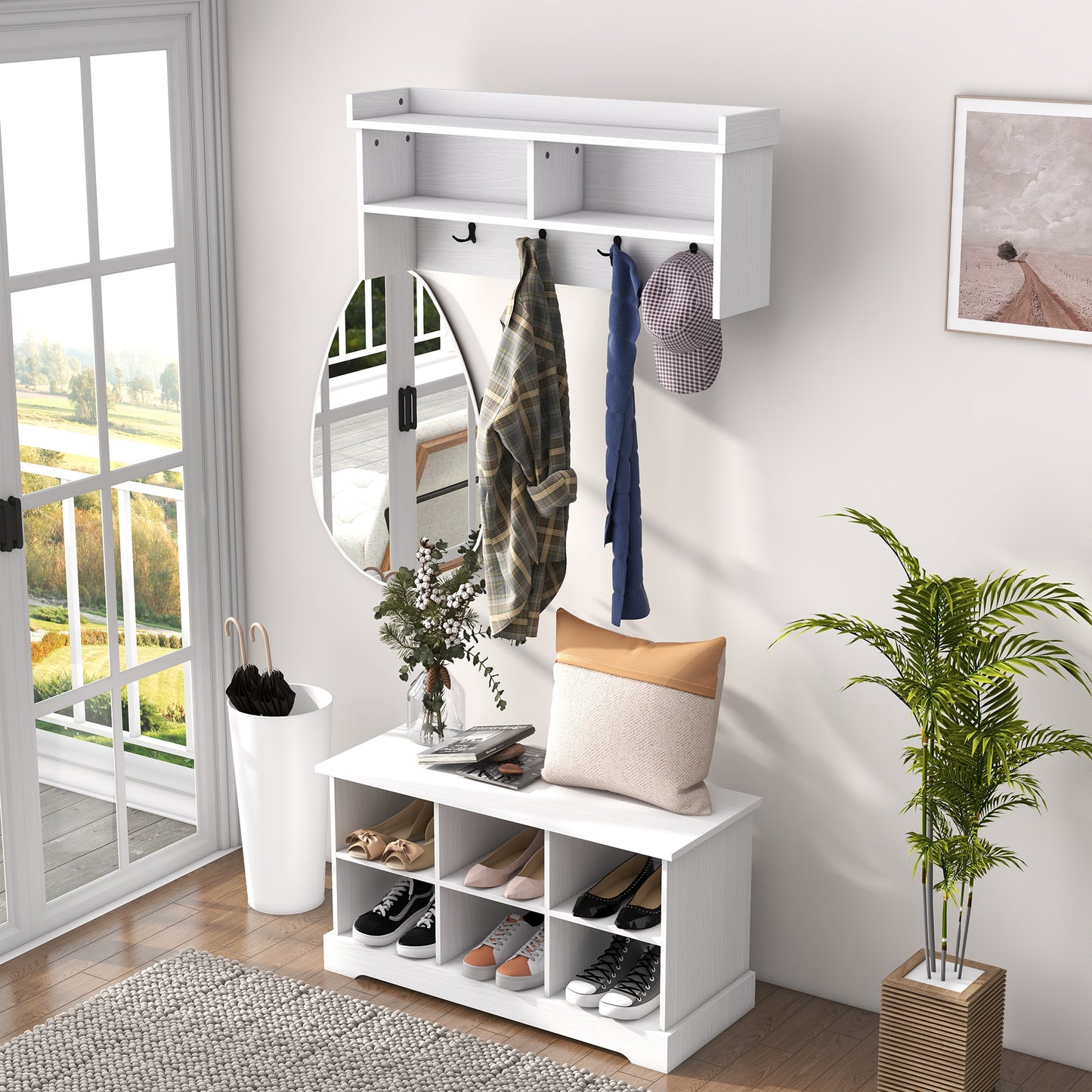 Coat Rack Shoe Bench Set Entryway 8 Cubbies 4 Hooks Hallway Living Room Bedroom White Kids Crystal