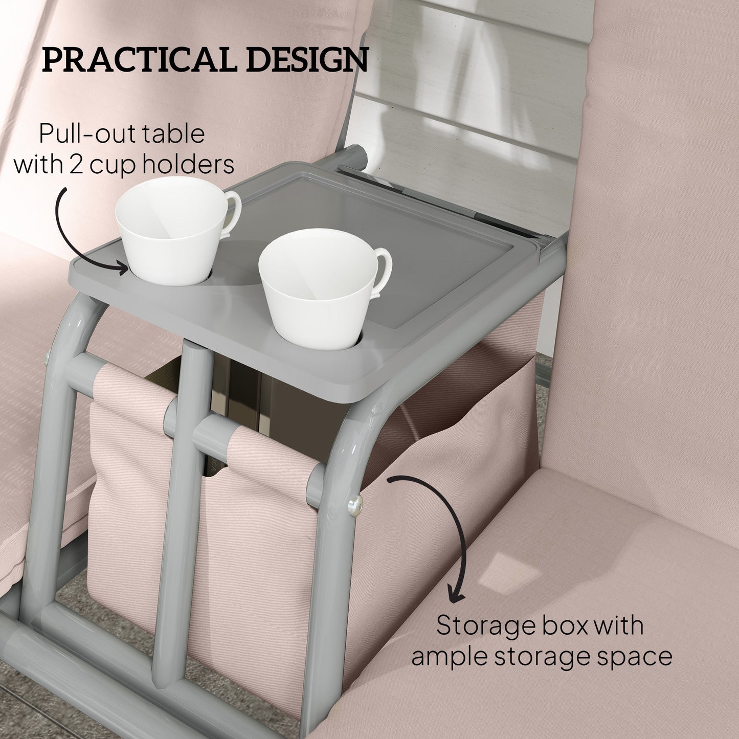Double Outdoor Swing Chair 2 Person Covered Swing Porch Swing w/ Pivot Table and Storage Console, Beige