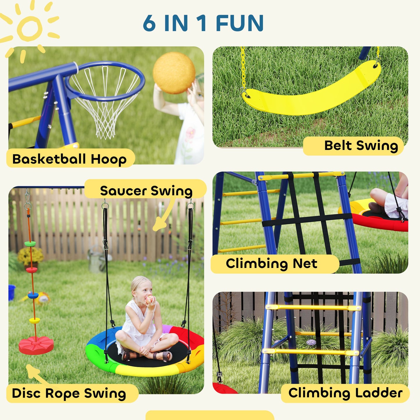 6 in 1 Kids Swing Set with 1 Saucer Swing, 1 Belt Swing, 1 Disc Rope Swing, Climbing Ladder and Net, Basketball Hoop Kids Crystal