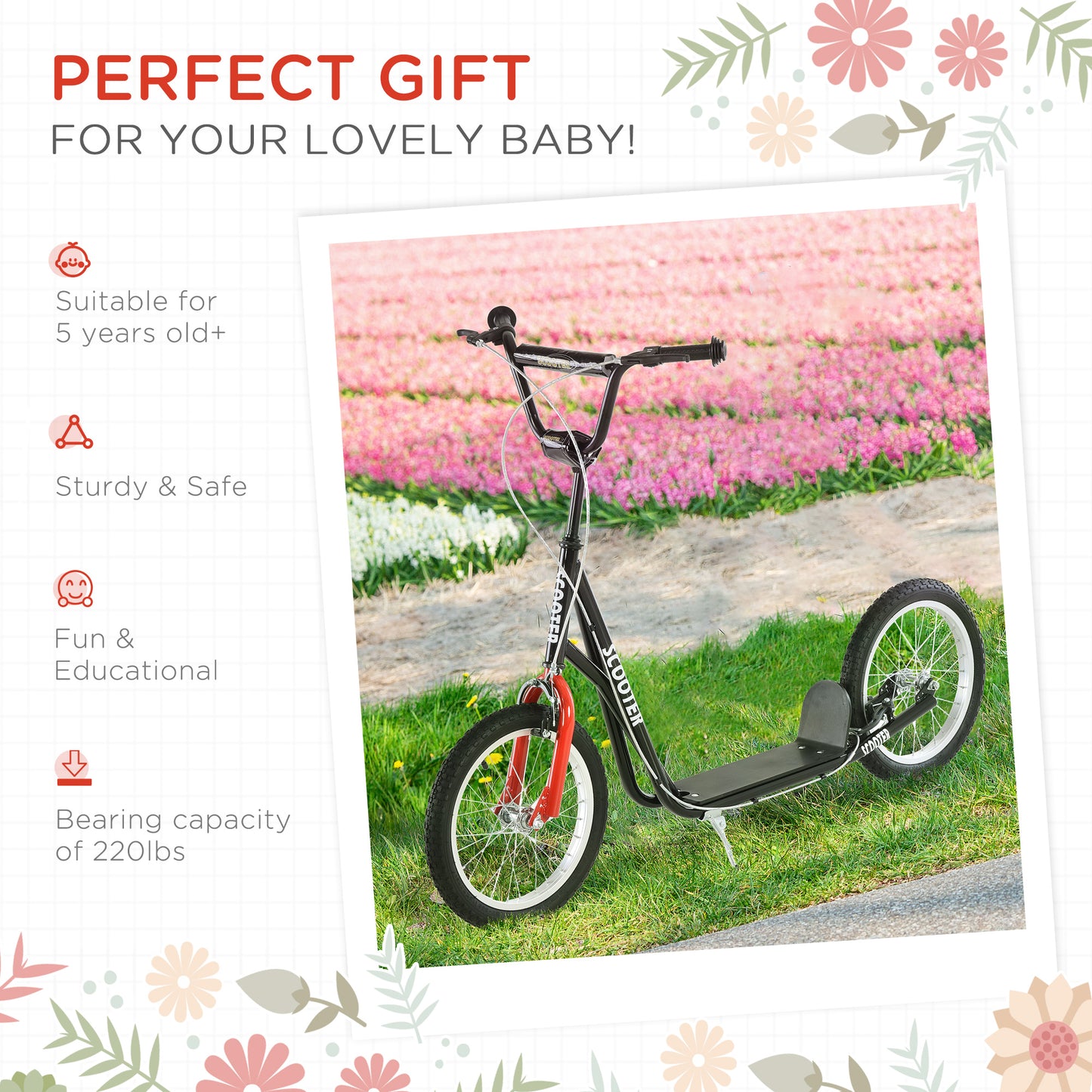Canada Youth Street Kick Scooter for Teens Kids 5+ Years Old with 16" Inflatable Wheel Dual Brakes Black Kids Crystal