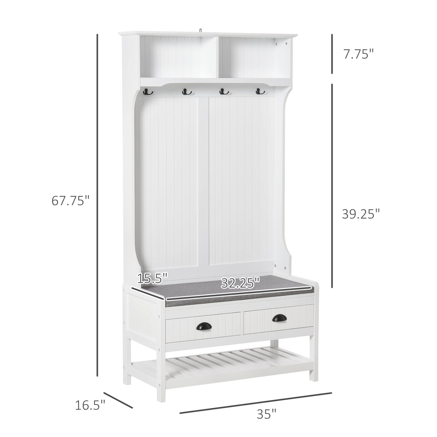 Hall Tree Bench: Entryway Bench with Coat Rack, Hooks, Drawer & Padded Seat, White