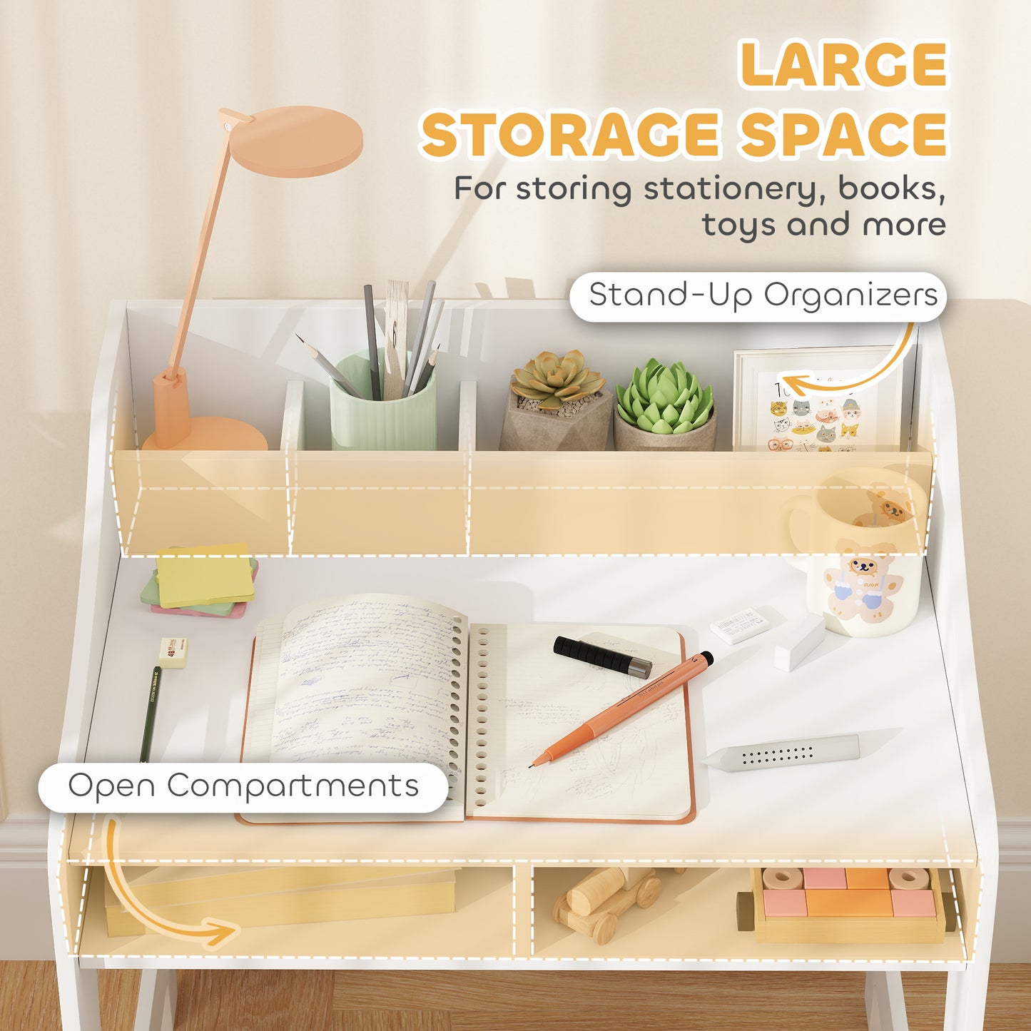 Kids Desk and Chair Set with Storage, Shelves for Bedroom, 3-8 Years Old, White Kids Crystal
