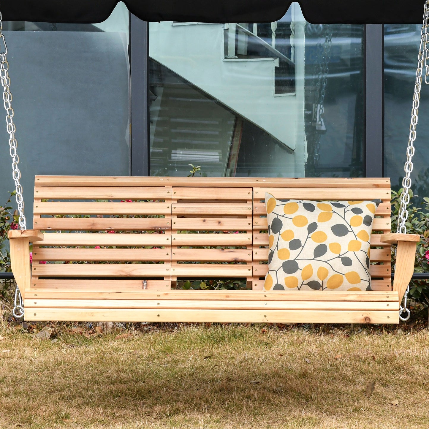 3-Seater Patio Swing Chair with Foldable Table & Cup Holders, Durable Wood Porch Swing, Steel Chains, Natural Finish Kids Crystal