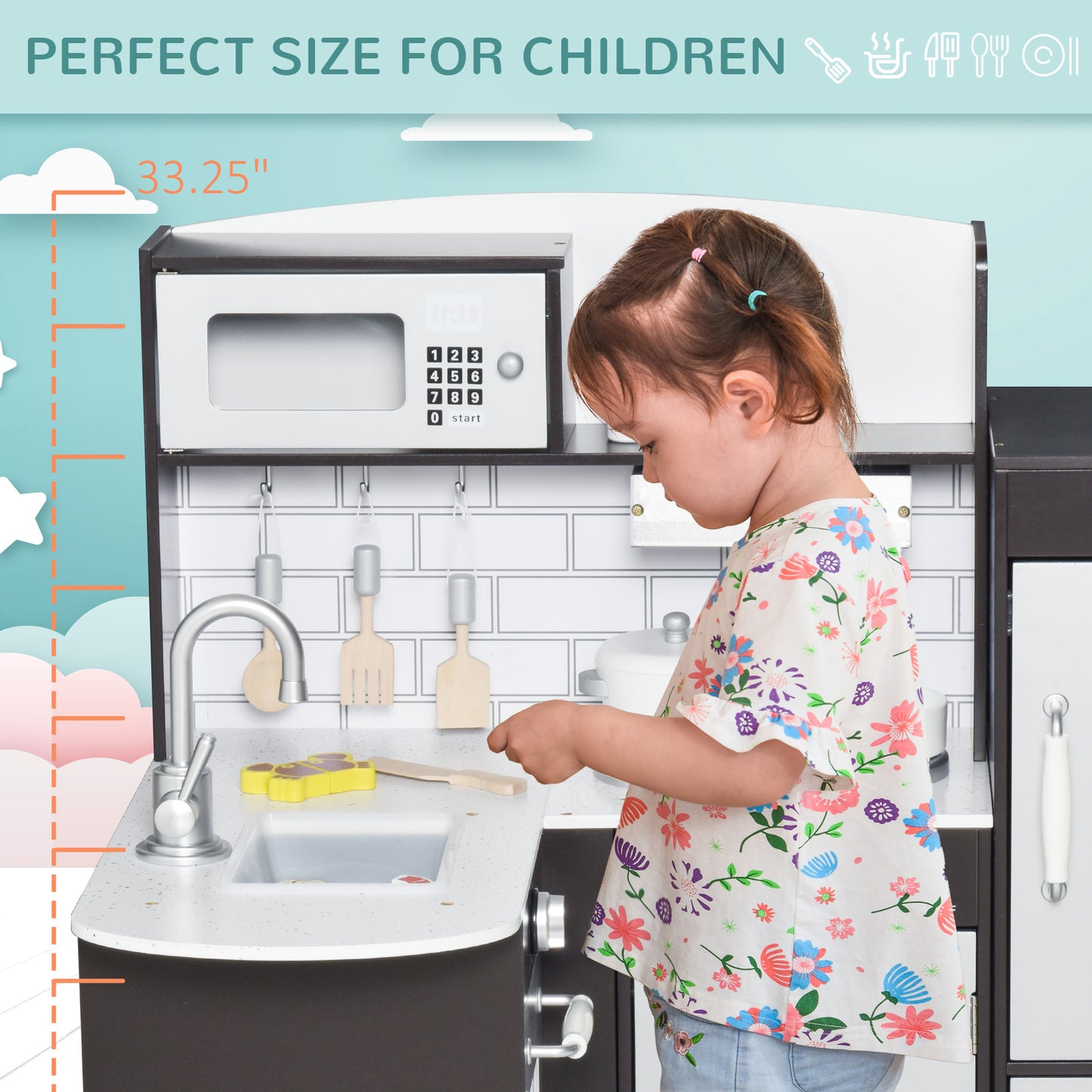 Play Kitchen Set for Kids - Black Cooking Toy with Drinking Fountain, Microwave, Fridge & Accessories Kids Crystal