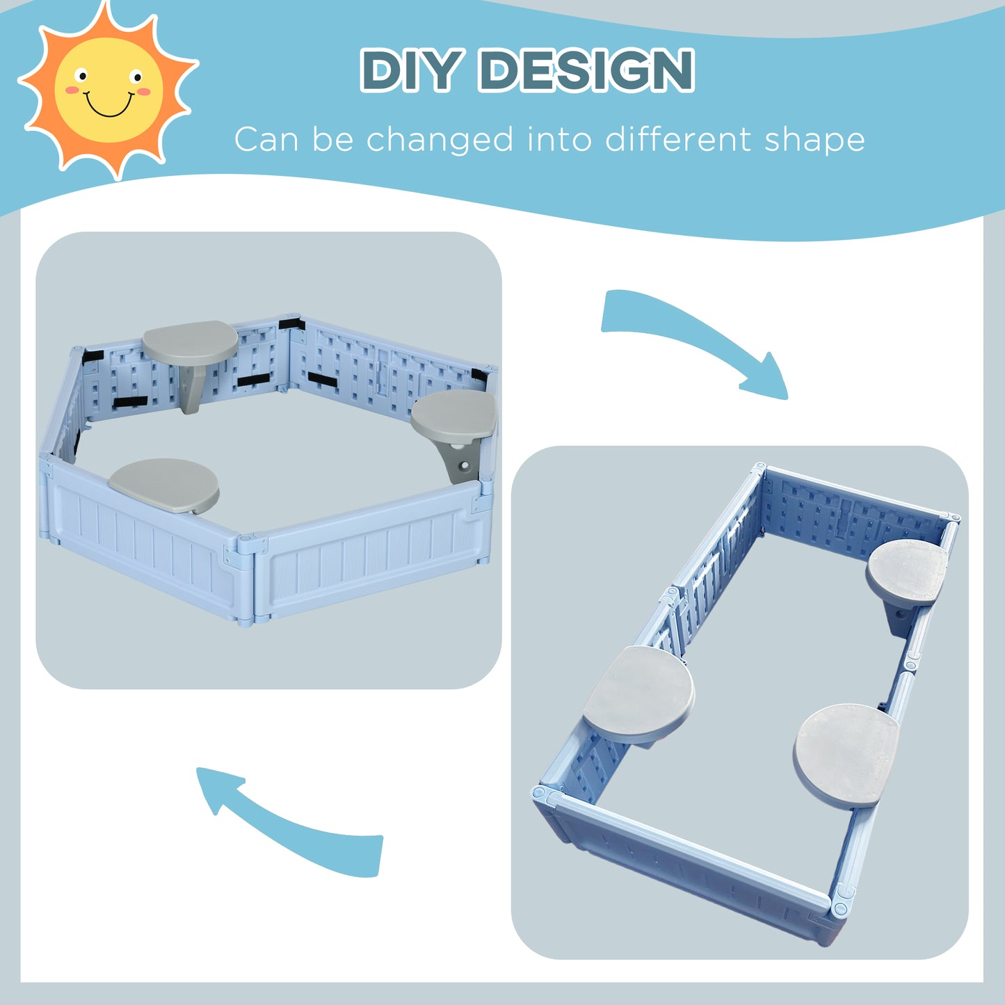 Sandbox with Cover for Kids 3 Seats Bottom Liner Light Blue 3-12 Years Old Kids Crystal