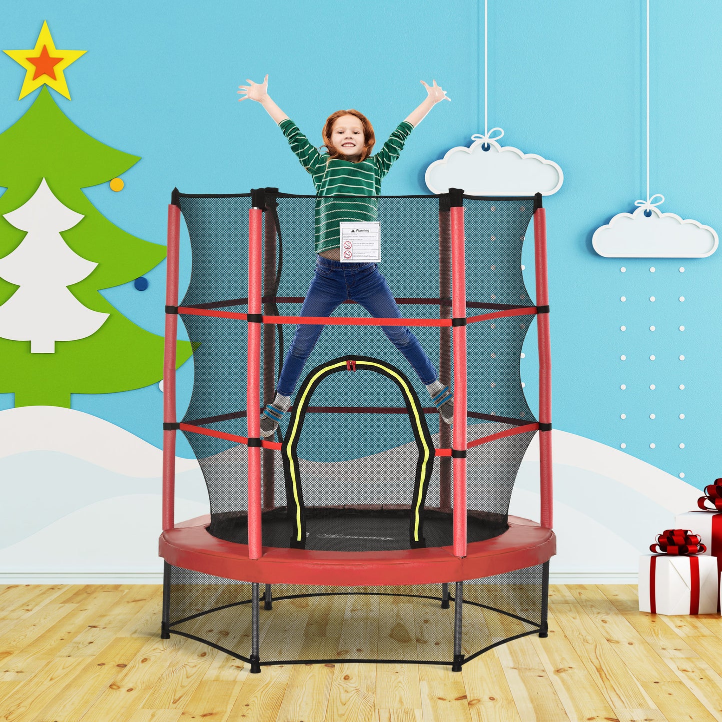 55" Kids Trampoline with Enclosure Net for Indoor/Outdoor, Trampoline for Boys and Girls Age 3-6 Years, Red Kids Crystal