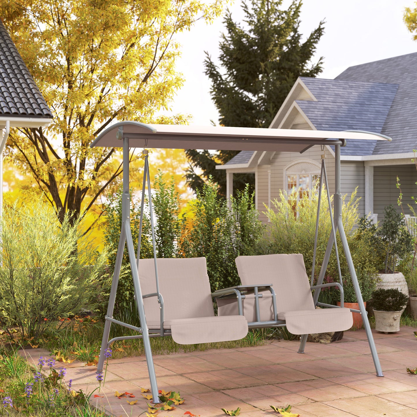 Double Outdoor Swing Chair 2 Person Covered Swing Porch Swing w/ Pivot Table and Storage Console, Beige Kids Crystal