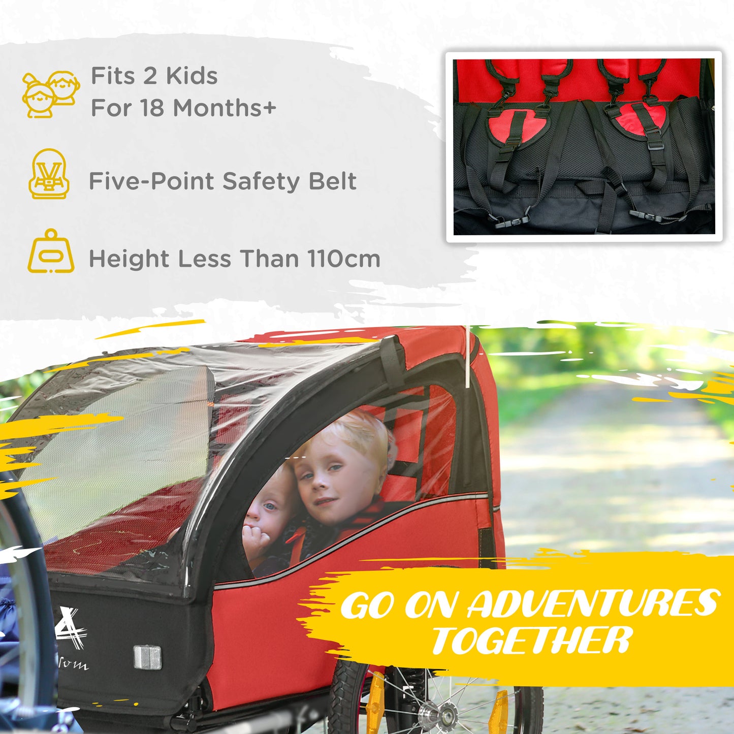 2 Seat Bike Trailer for Kids, Baby Stroller with Storage Bag, 5 Point Harness, Bicycle Trailer with 20" Wheels, Red