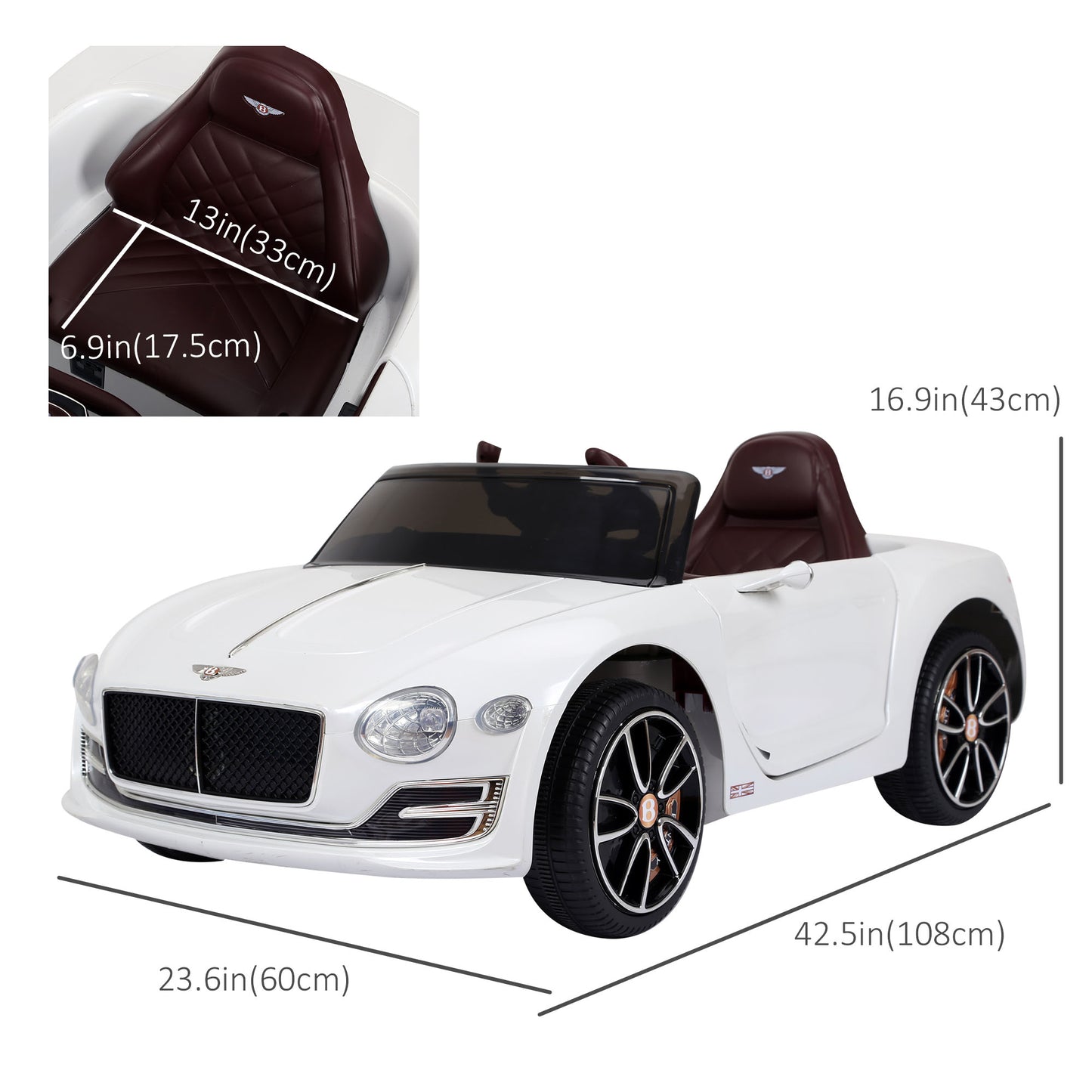 Licensed Bentley Ride-On Car: 12V, Electric, Battery Powered, Remote Control, 2 Speed, White Kids Crystal