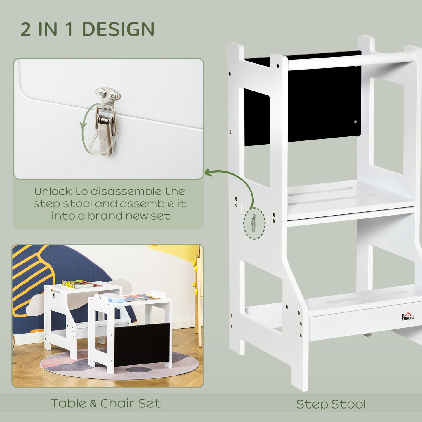 2-in-1 Versatile Wonder: Convertible Kids Step Stool to Table & Chair Set, Playful White Finish for Learning & Fun